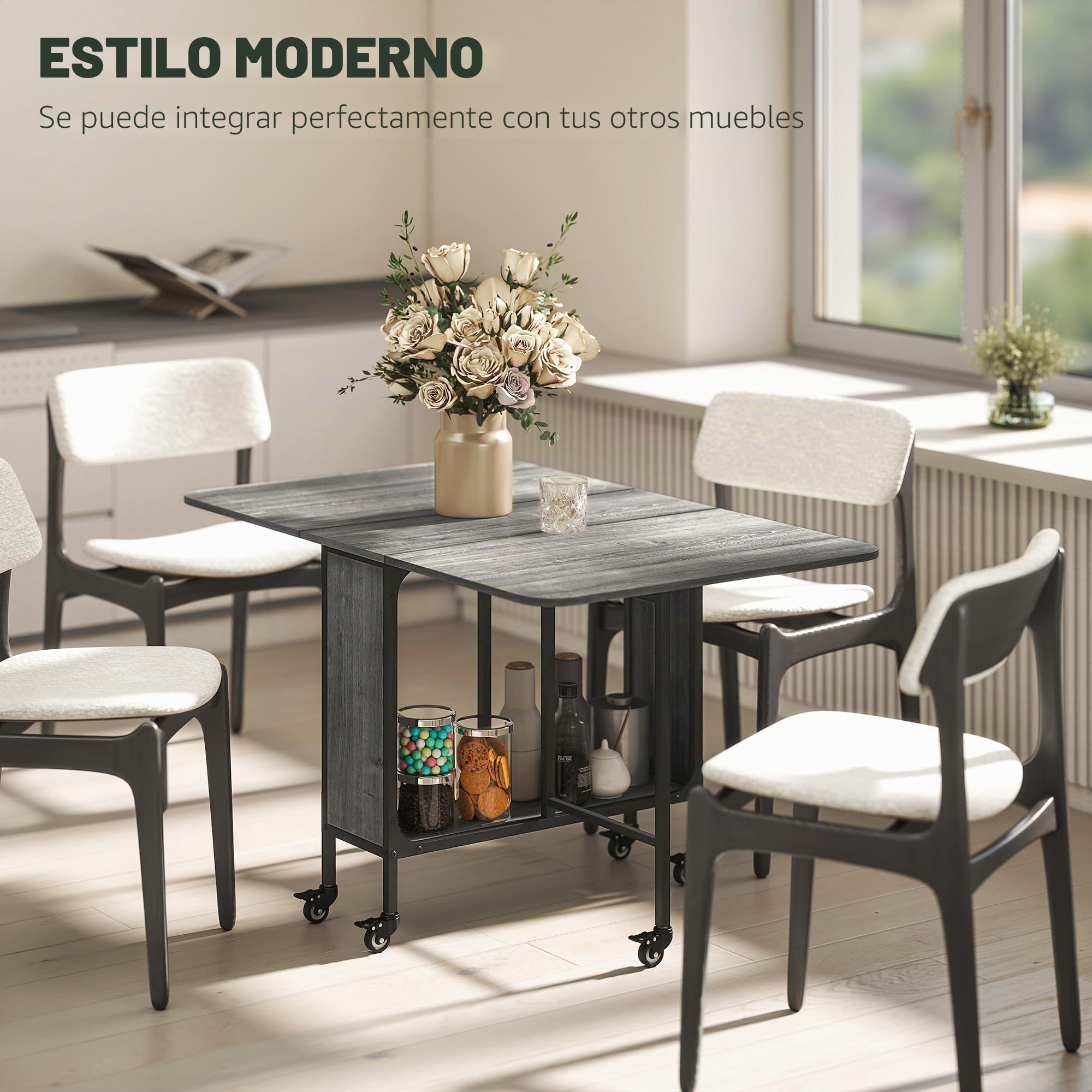HOMCOM Mesa de Comedor Plegable, Mesa de Cocina Rectangular Plegable, Mesa Extensible con Ruedas para hasta 6 Personas, 6 Ruedas y Estante Integrado, para Espacios pequeños, Comedor, Gris | Mesa de cocina extensible con diseño plegable, estante de almacen