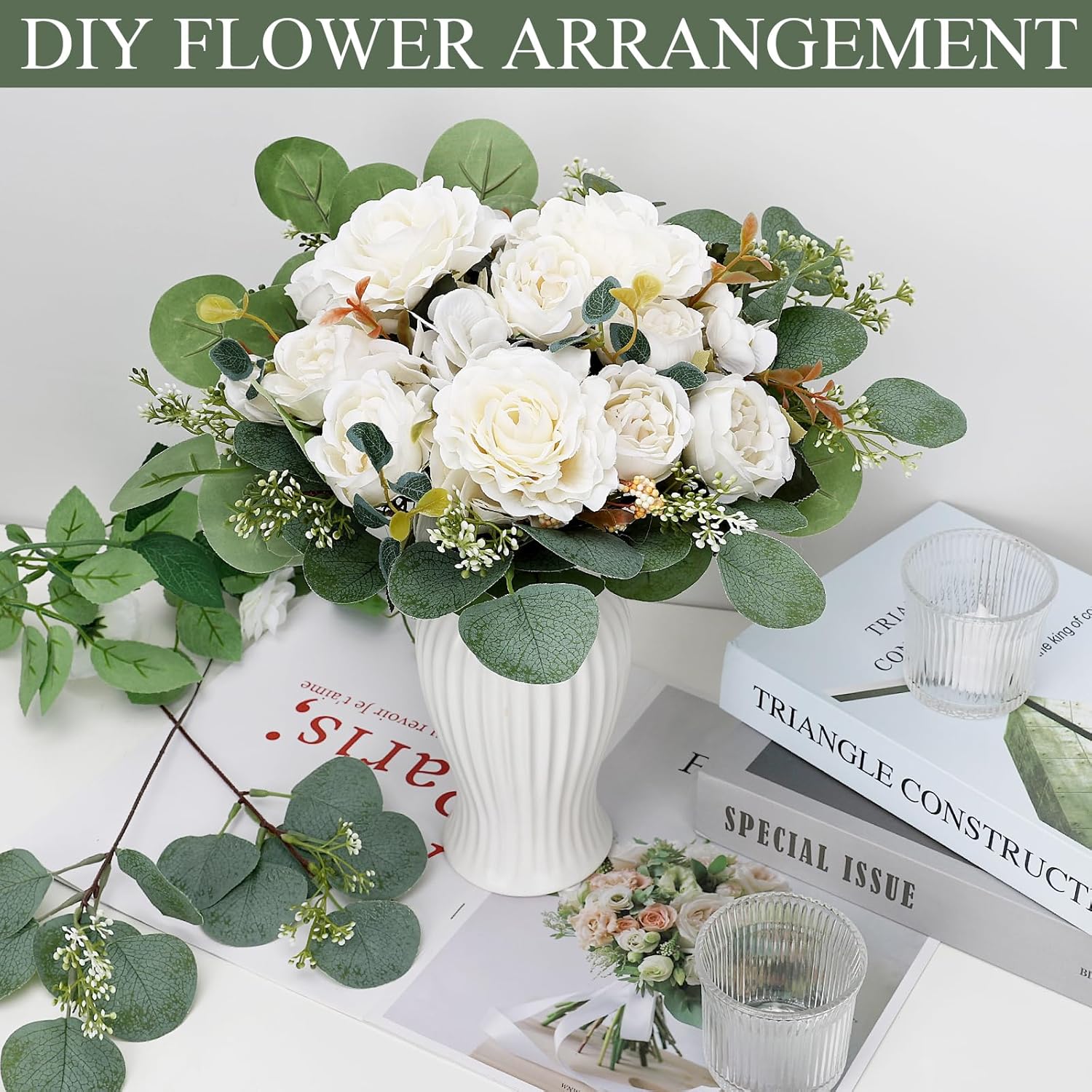 Peony Artificial Flowers, Faux Peonies Hydrangea Eucalyptus Bouquet 12 Packs Silk Vintage Realistic Peony Floral Arrangement for Wedding Centerpiece Table Vase Home Party Decor-Ivory White - Image 6