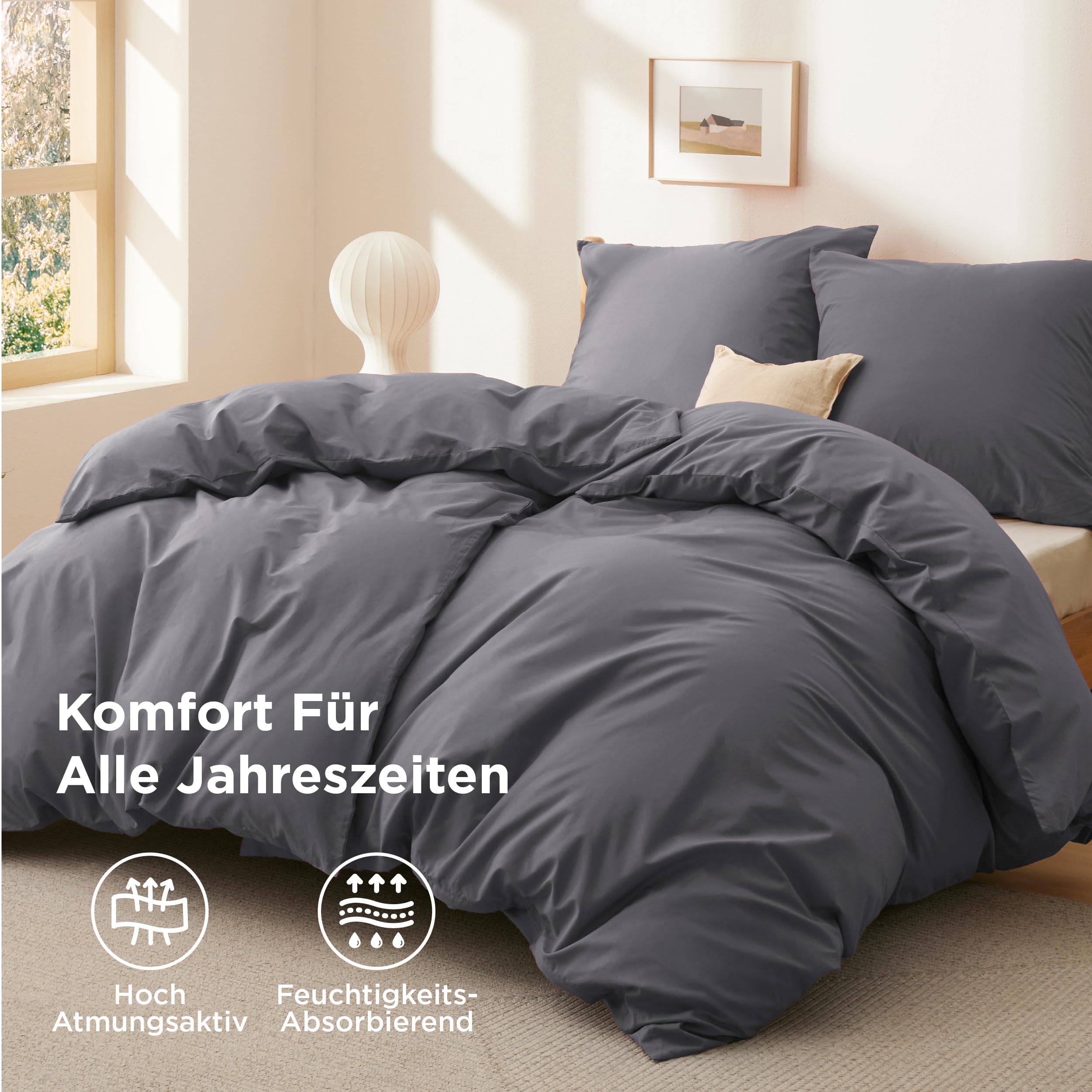 BEDSURE Bettwäsche 135x200 Baumwolle 4teilig - Bettwäsche-Sets für Kinder und Erwachsene, 2 Bettbezug & 2 Kissenbezüge 80x80 cm, Oeko-TEX Bedding Dunkelgrau Grau mit Reißverschluss