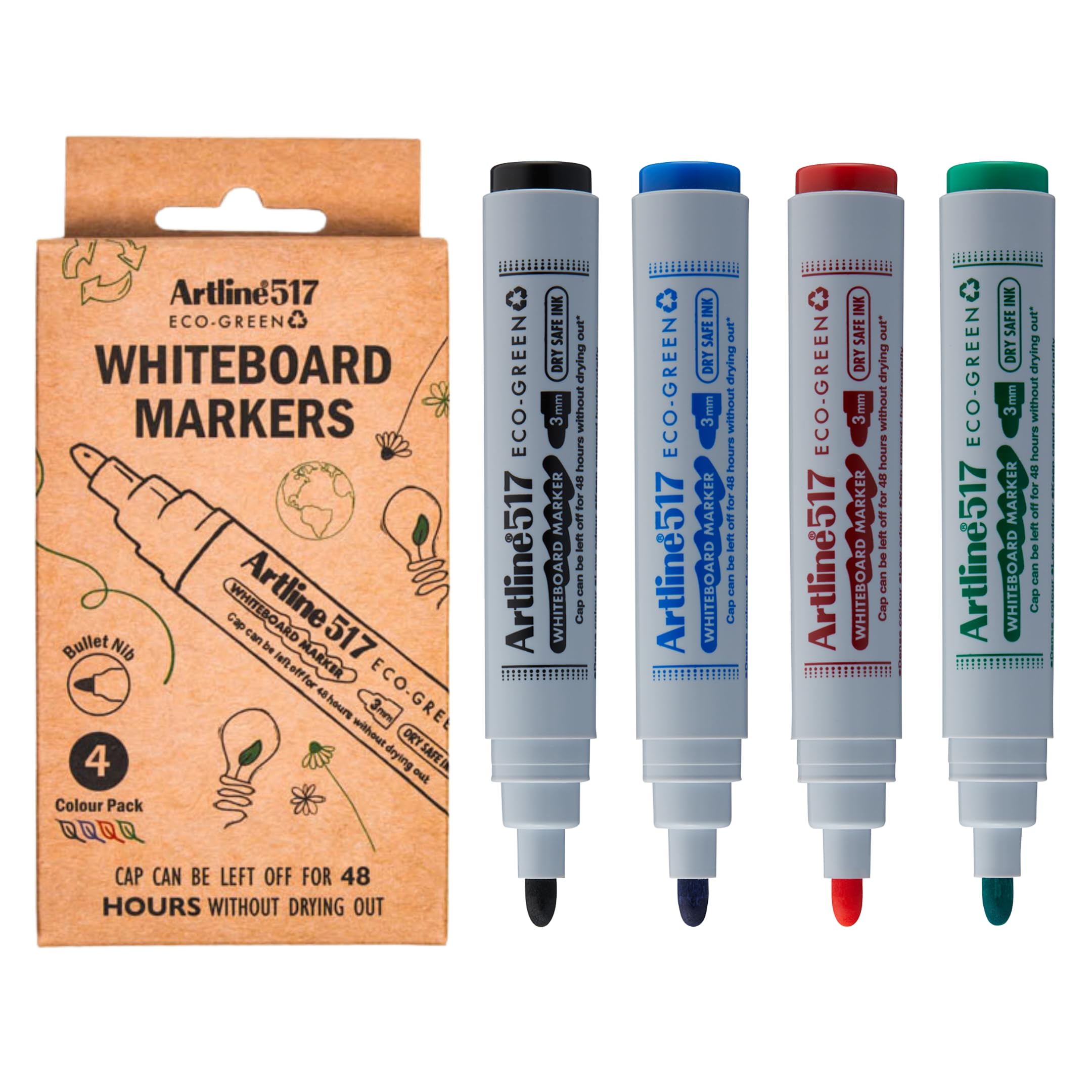 Artline Eco Whiteboard Pens (Pack of 4 - Assorted) Dry Safe Whiteboard Markers for School or Office, 3mm, 48hr Cap-Off Time, Non-Toxic White Board Markers Erasable - Genuine White Board Pens