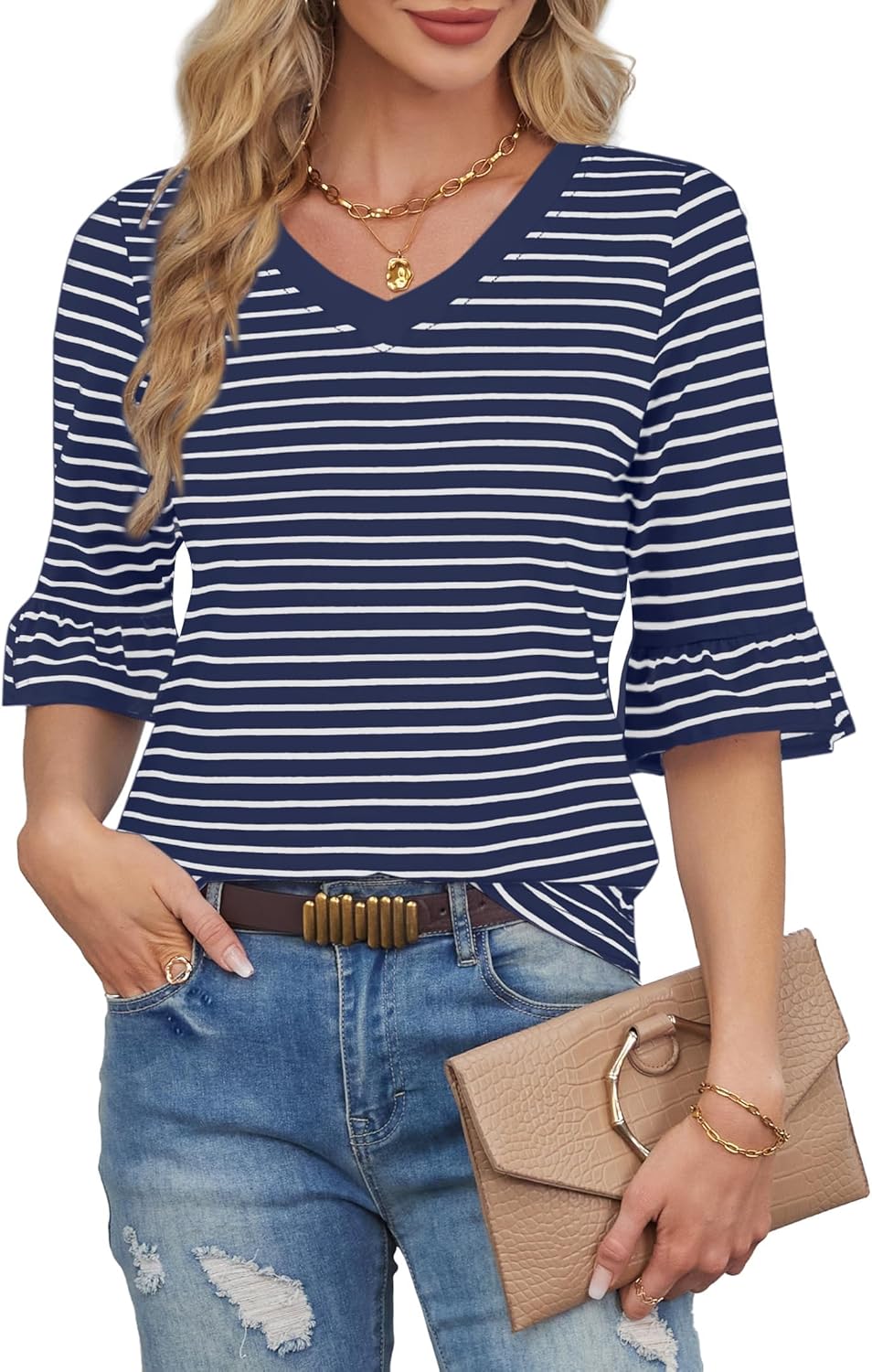 LilyCoco Striped Shirt Women Ruffle 3/4 Sleeve Casual V Neck T Shirts