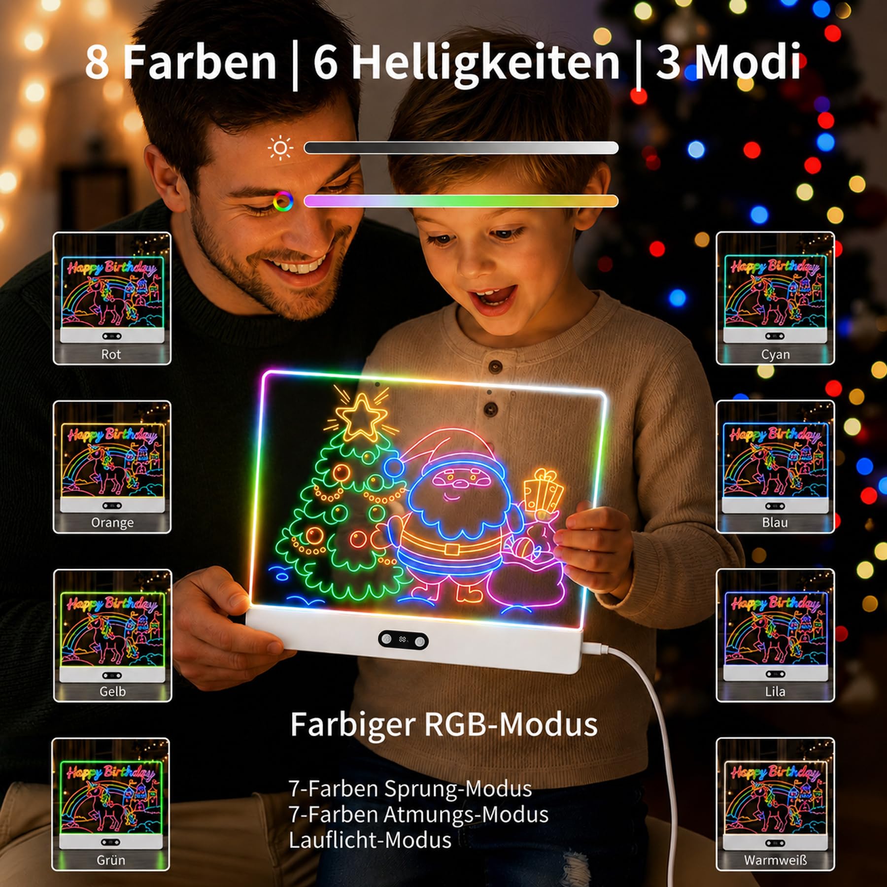 Lavagna da disegno a LED con indicatore digitale della batteria, 35 x 26 cm, lavagna acrilica (bianca) con 8 colori e 7 penne al neon, lavagna luminosa riscrivibile, per bambini, ufficio, bar e