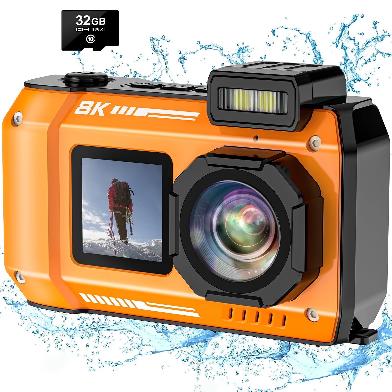 SPUNALP 8K UHD Underwater Camera 33FT Autofocus 70MP Rugged Dustproof Shockproof Digital Camera Waterproof Camera Dual-Screen Selfie Underwater Photograph Camera with 32GB Card, Orange