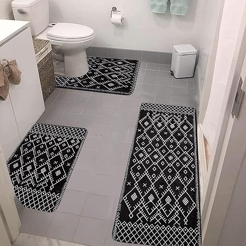 Uphome Juego de 3 alfombras de baño bohemias con alfombra de inodoro en forma de U, antideslizante, marroquí, color negro, suave, lavable a máquina,