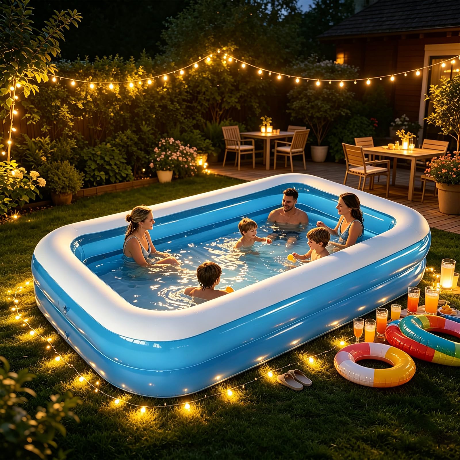 Piscine Gonflable, Piscine Gonflable Familiale Rectangulaire, 200x150x50cm, Anti-éclatement, Spacieuse, pour Jardin, Terrasse et Moments de Fraîcheur