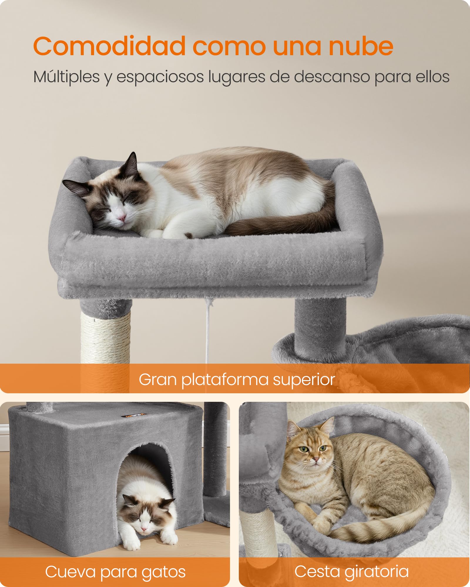 Feandrea Árbol para Gatos, Torre de Juegos con 2 Camas Grandes, Postes Rascadores y Rampa, 85,8 cm de Altura, Gris Paloma PCT013GD01