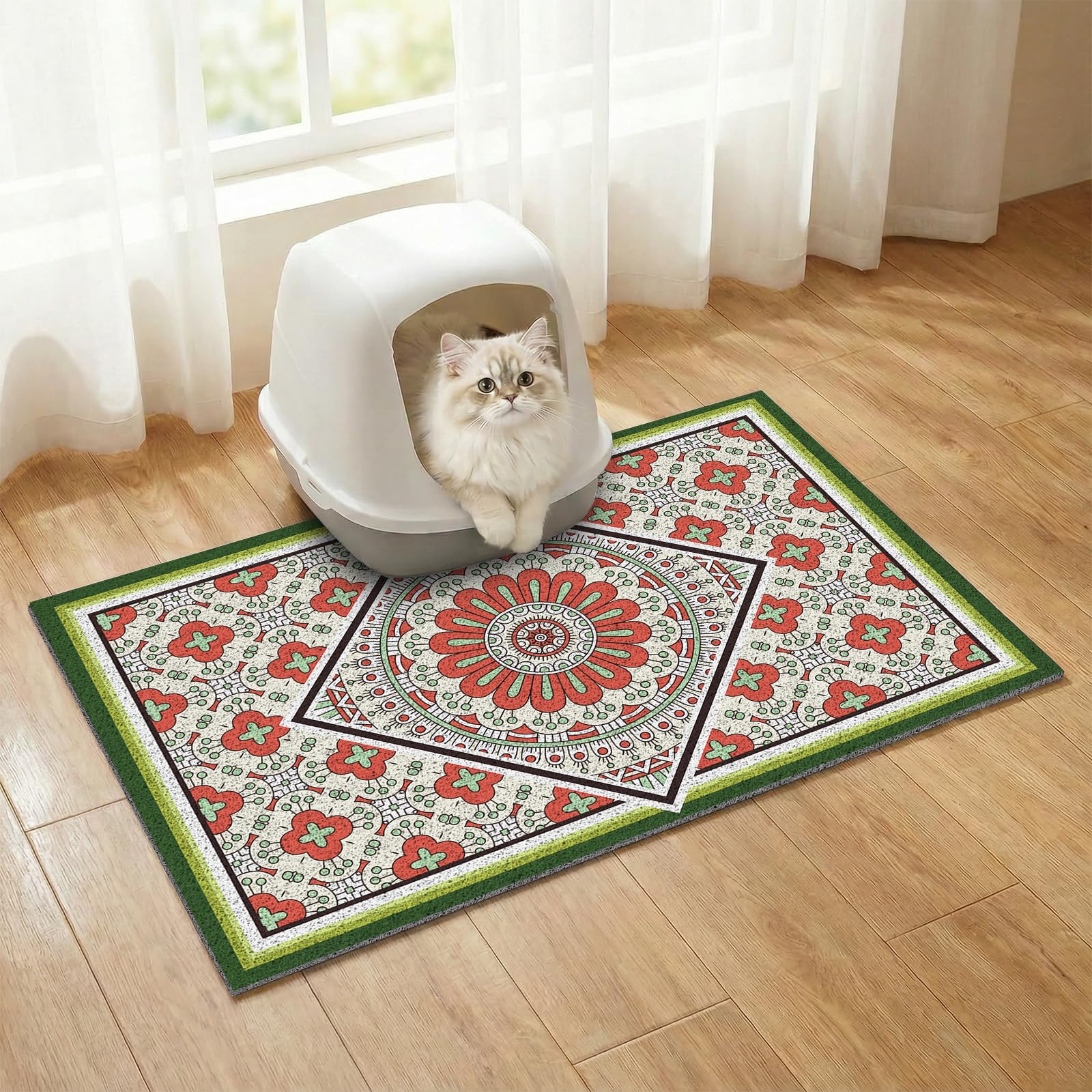 Bohemian Kitty Litter Mat 60 x 43 cm,Non-Slip Litter Box Mat, Washable Cat Litter Rug Catcher,Double-Layer Litter Trapping Mat for Scatter Control, Easy Clean Cat Food Mat & Floor Protector
