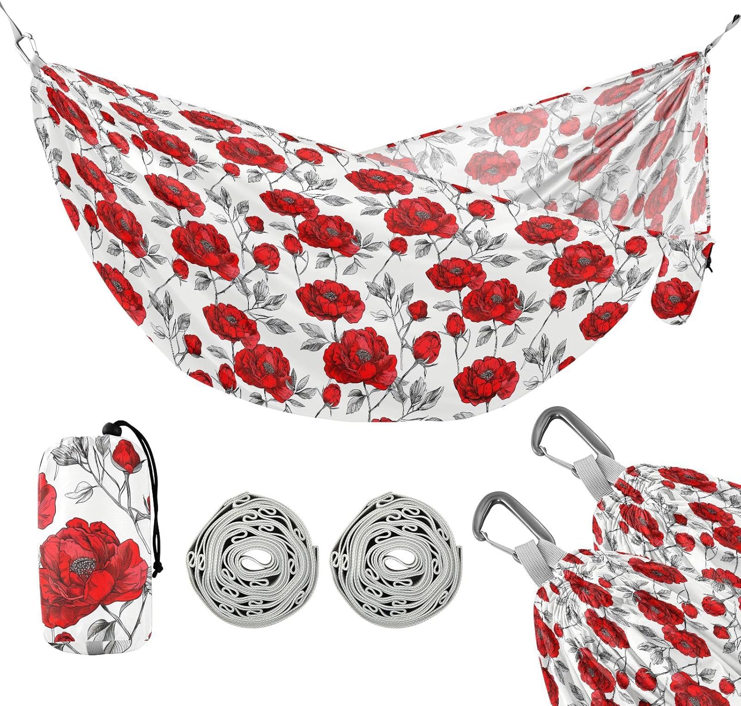 ALAZA Red Peony Flowers Camping Hammocks Single or 2 Person 500 lbs Portable Parachute Travel Hammock w/Tree Straps for Hiking Backpacking Indoor Outdoor