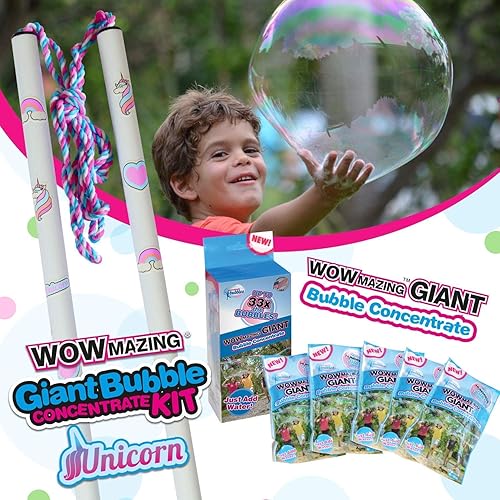 WOWMAZING Kit de burbujas gigantes de unicornio, incluye varita, 7 bolsas de concentrado de burbujas y 8 calcomanías activadas por el sol, juguete