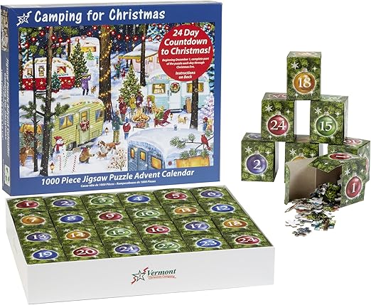 Jigsaw Puzzle Advent Calendar 1000 Pieces - Camping for Christmas by Vermont Christmas Company - Jigsaw Puzzles for Adults & Families - Count Down to Christmas Advent Calendars