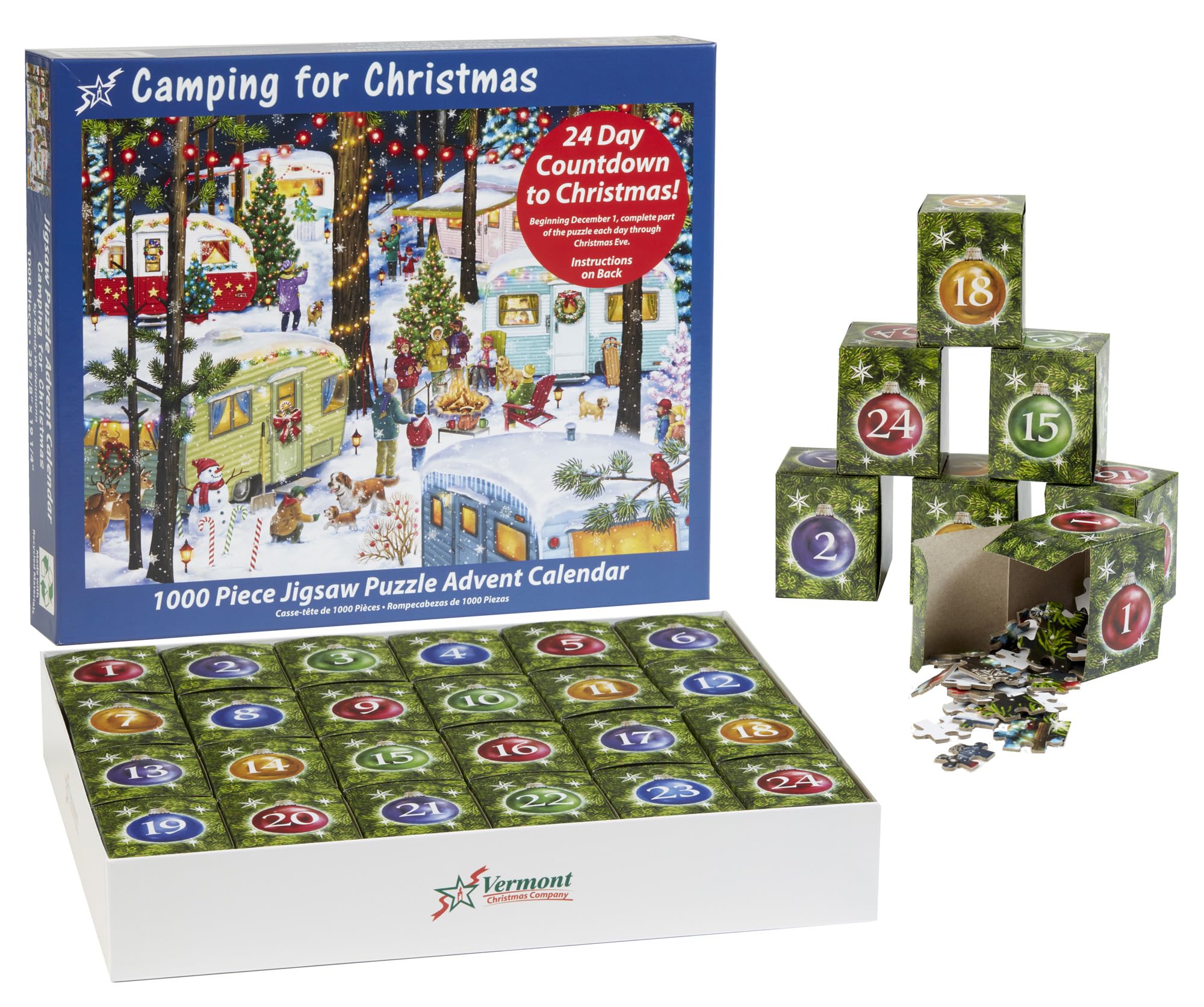 Jigsaw Puzzle Advent Calendar 1000 Pieces - Camping for Christmas by Vermont Christmas Company - Jigsaw Puzzles for Adults & Families - Count Down to Christmas Advent Calendars