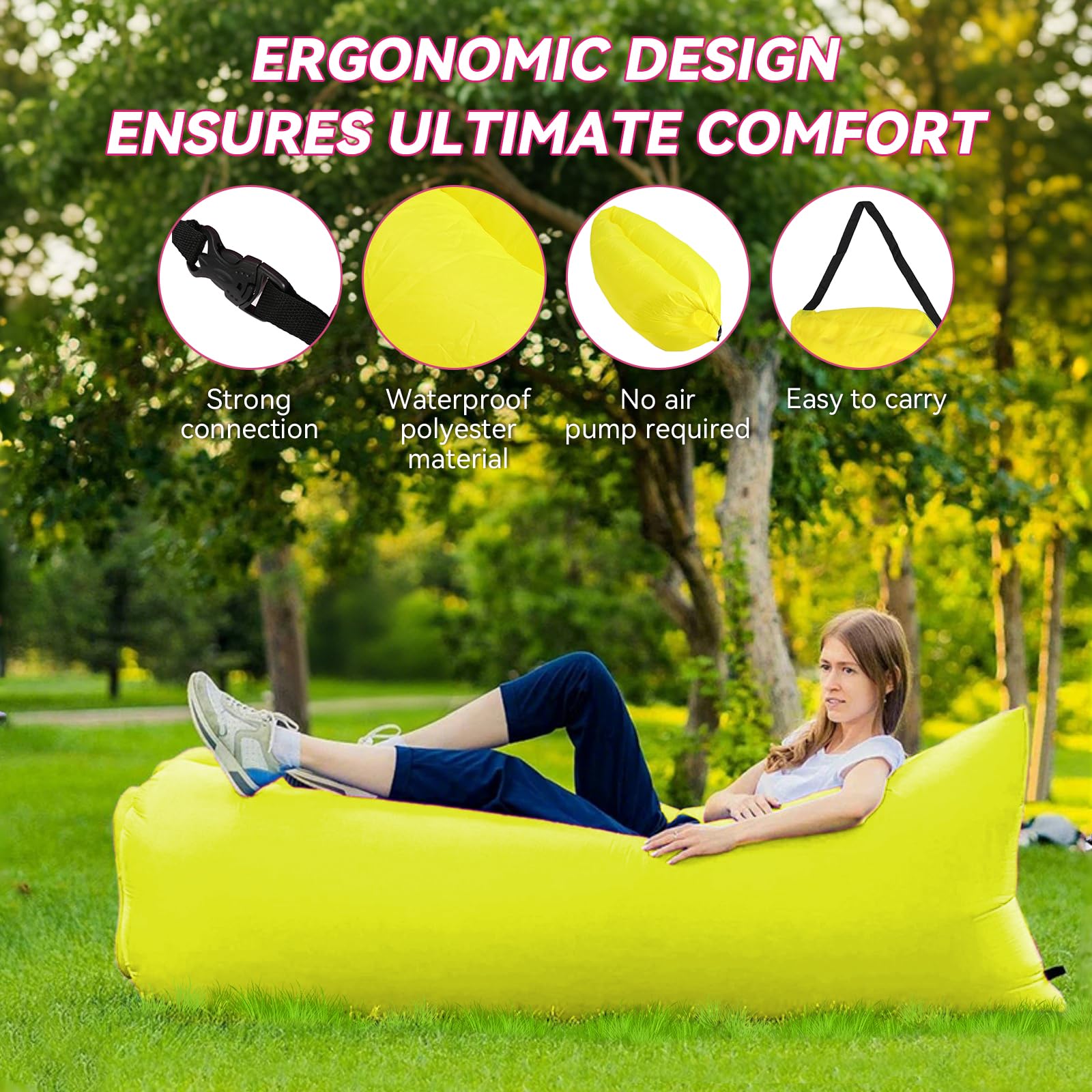plplaaoo Inflatable Lounger Inflatable Couch for Travelling,Outdoor Camping Beach Chair,Inflatables Loungers Portable Foldable Air Sofa Matress for Outdoor Camping Beach Part (yellow) - Image 4