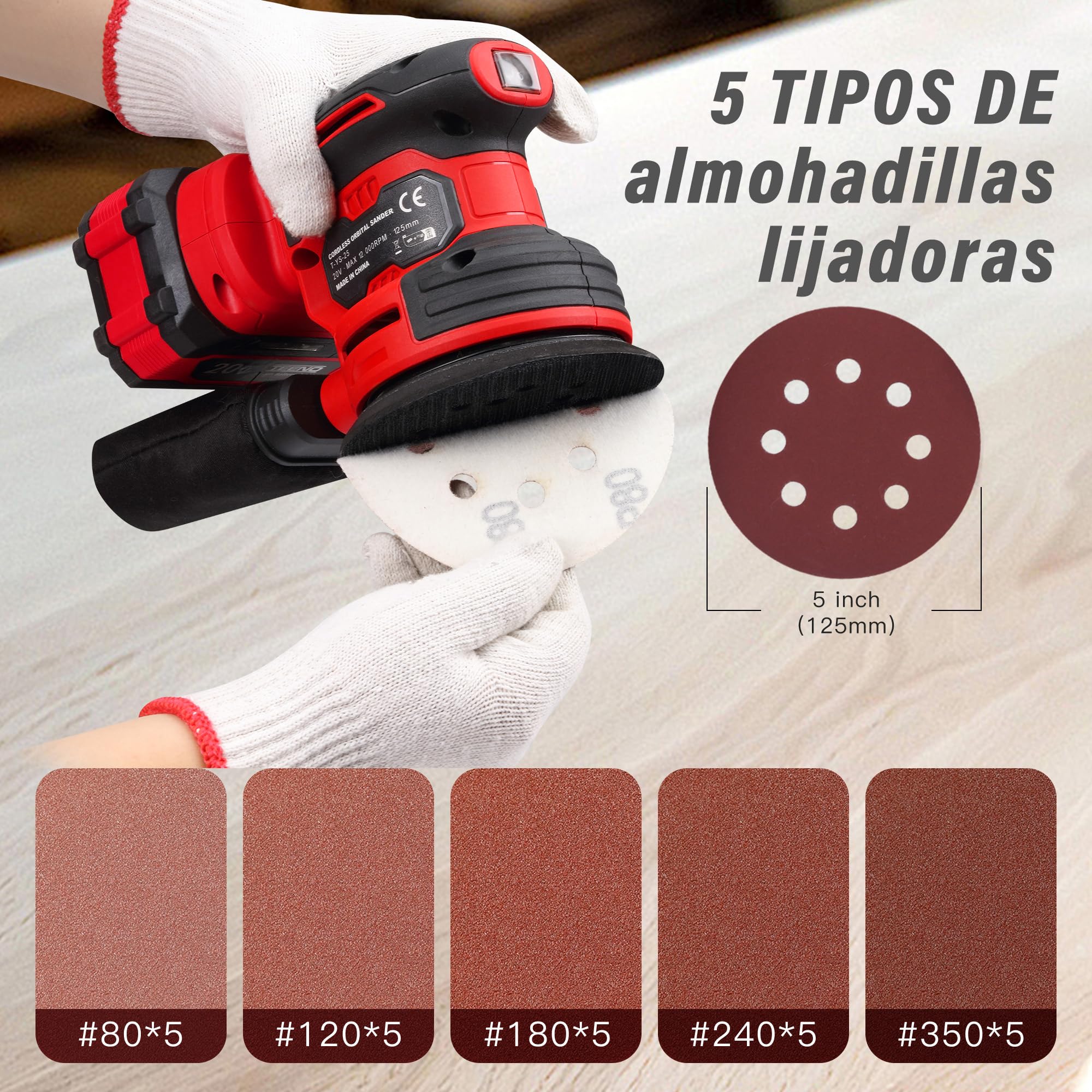 TEENO Lijadora Excéntrica a Batería 4A,Lijadora Orbital 20V,6000-12000 rpm | Diámetro: 125 mm,6 Velocidades,25 Papeles de Vidrio