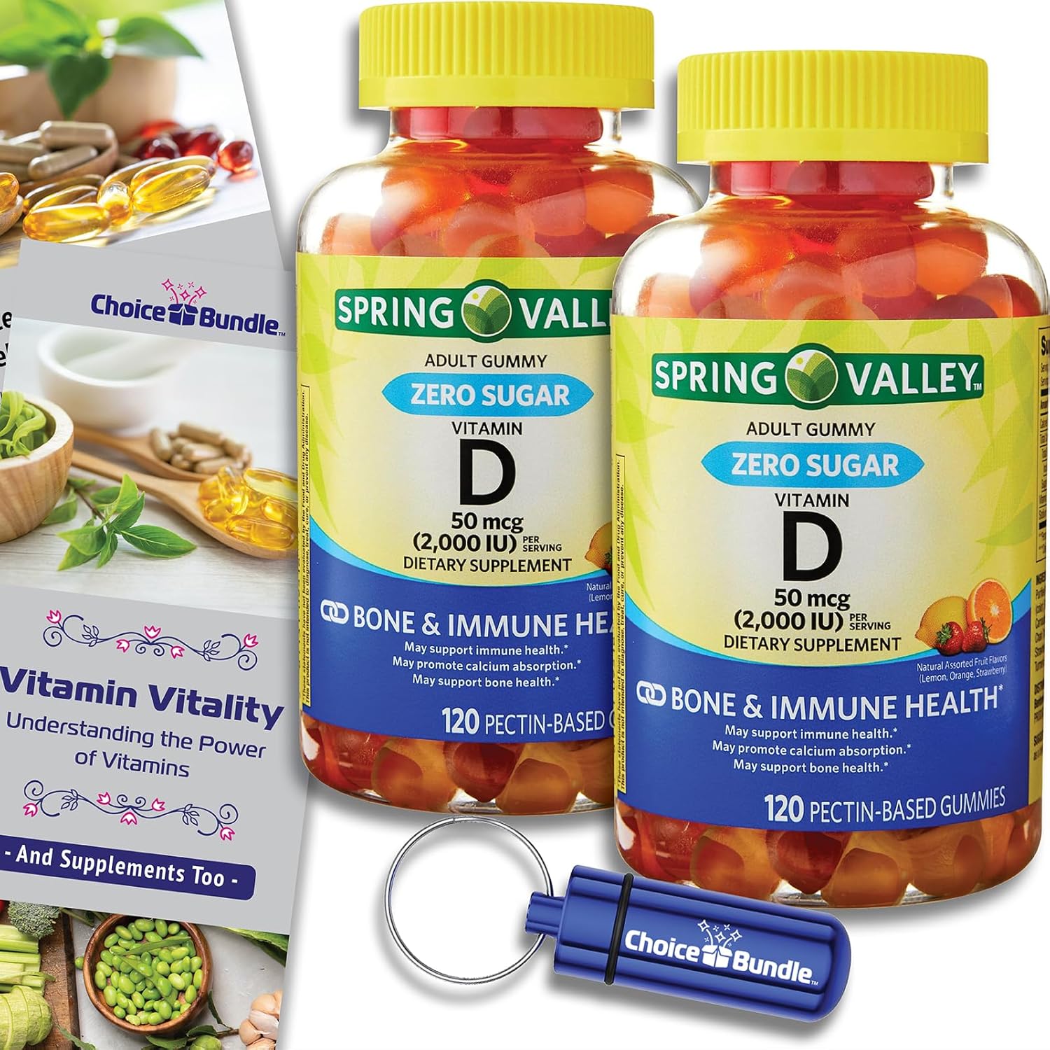 Choice Bundle Spring Valley Zero Sugar Vitamin D 50 mcg Gummies Supports Bone & Immune Health 120 Ct 2 pk (240 Total) + Vitamin Guide and Pill Container (4 Items)!