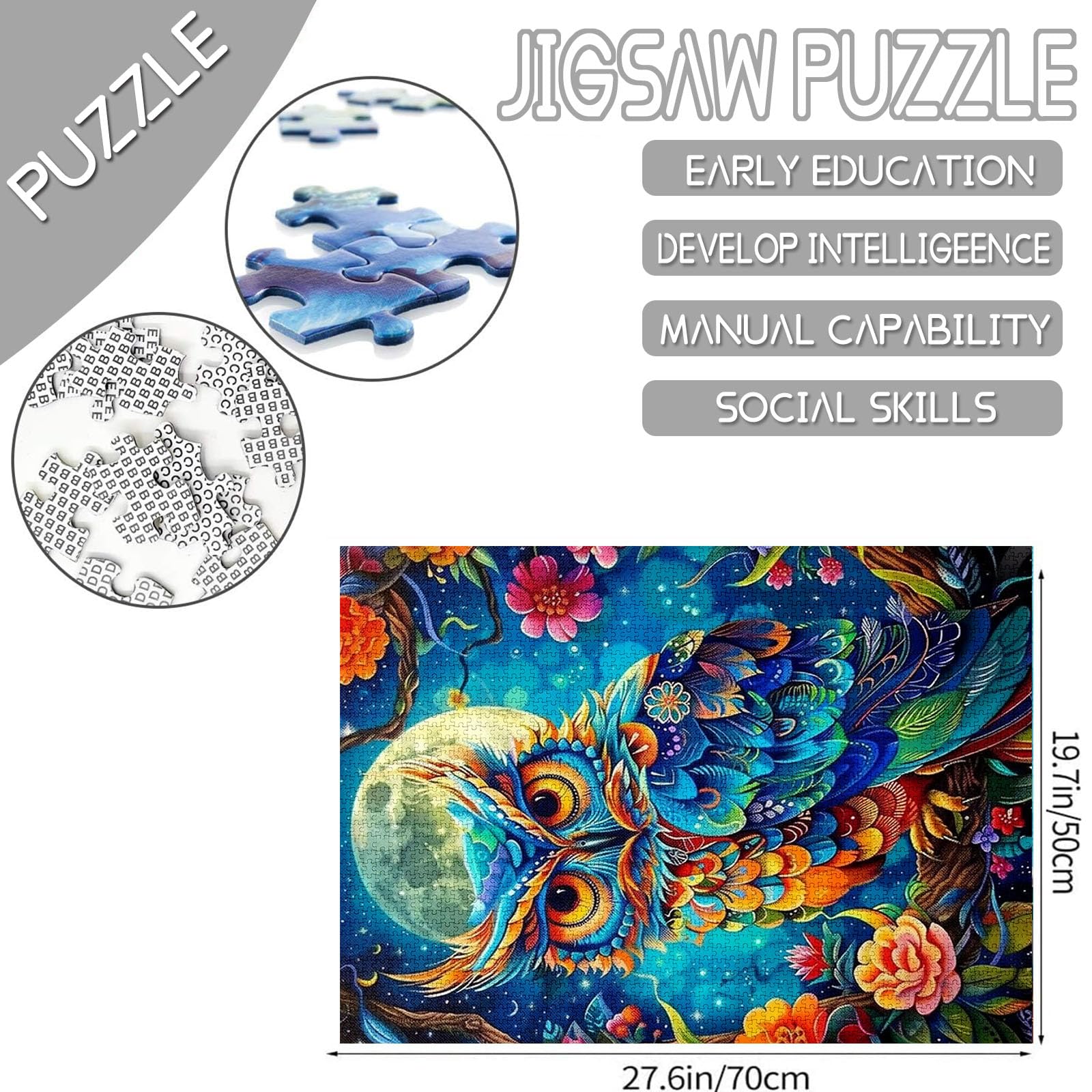 1000 Piece Jigsaw Puzzles for Adults Animal Owl Painting Jigsaw Puzzle Wildlife Tropical Flowers Puzzles for Challenging Family Activity Game Fantasy Full Moon Art DIY Puzzle Wall Decor(Colorful) - Image 2