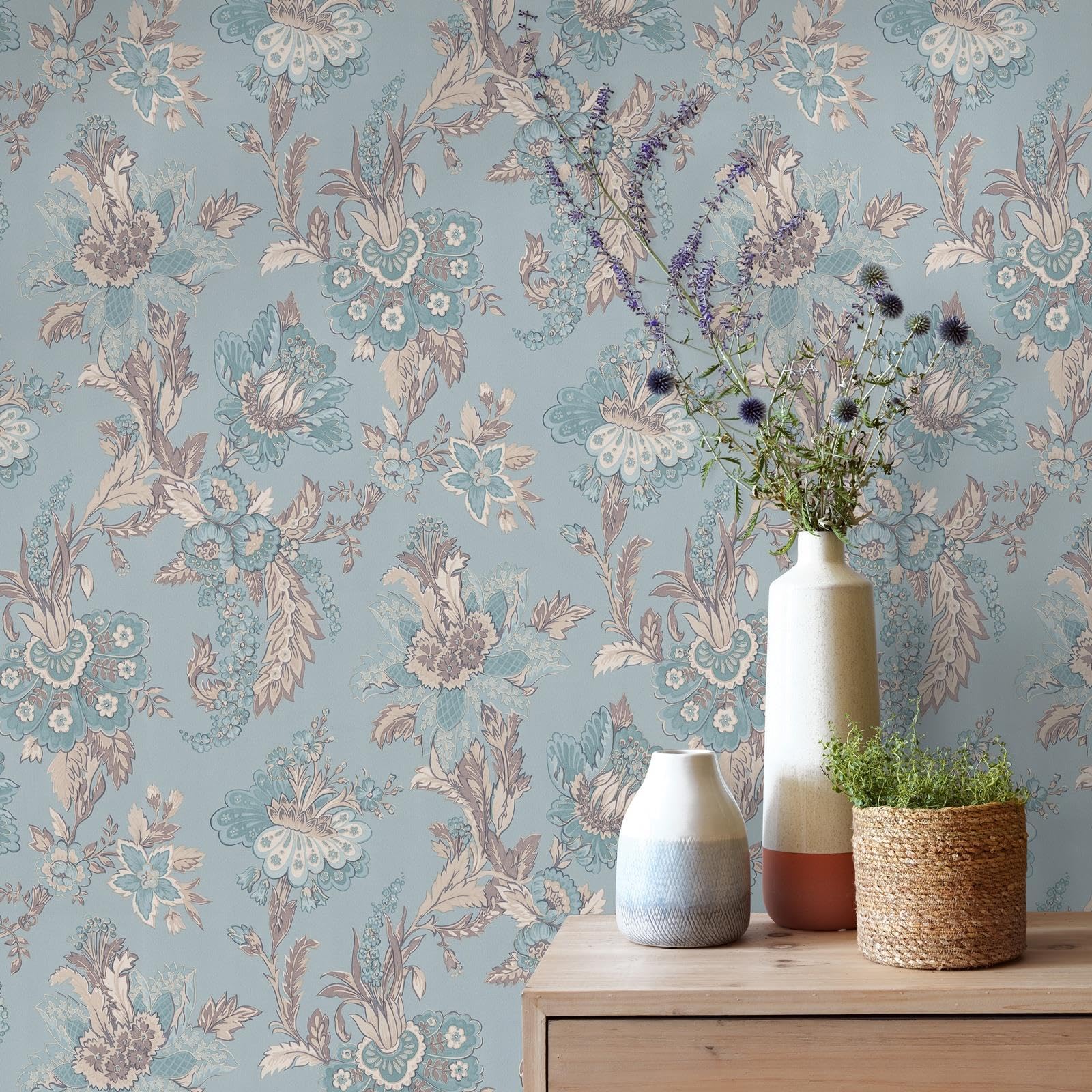 Sophie Laurence Duck Egg Cream Grey Duck Egg Floral Wallpaper Grey Cream Damask Pattern Smooth Finish Feature Wall