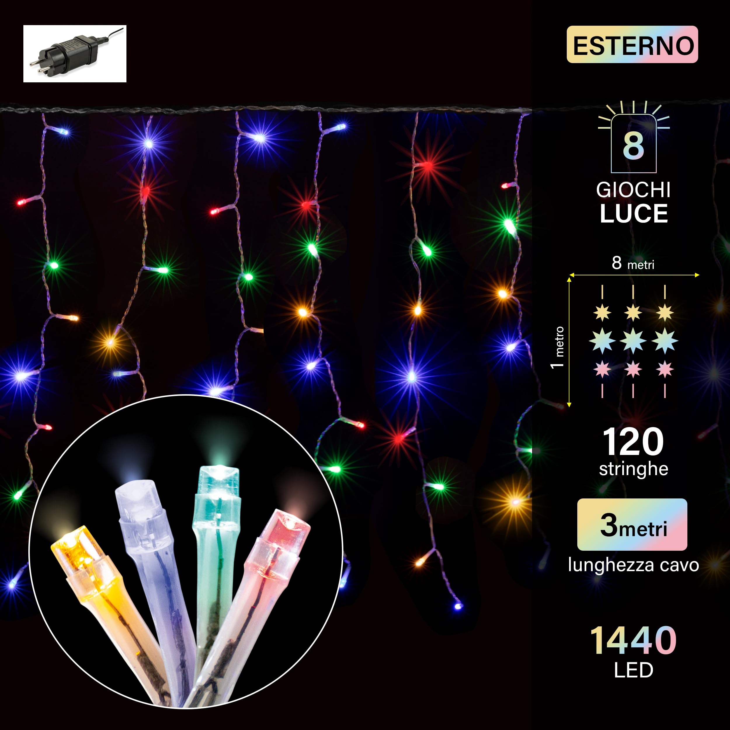 Tenda 1440 led multicolor, 120 stringhe, 8 giochi luce, uso esterno 800x100 cm, Santa's House by Kooper