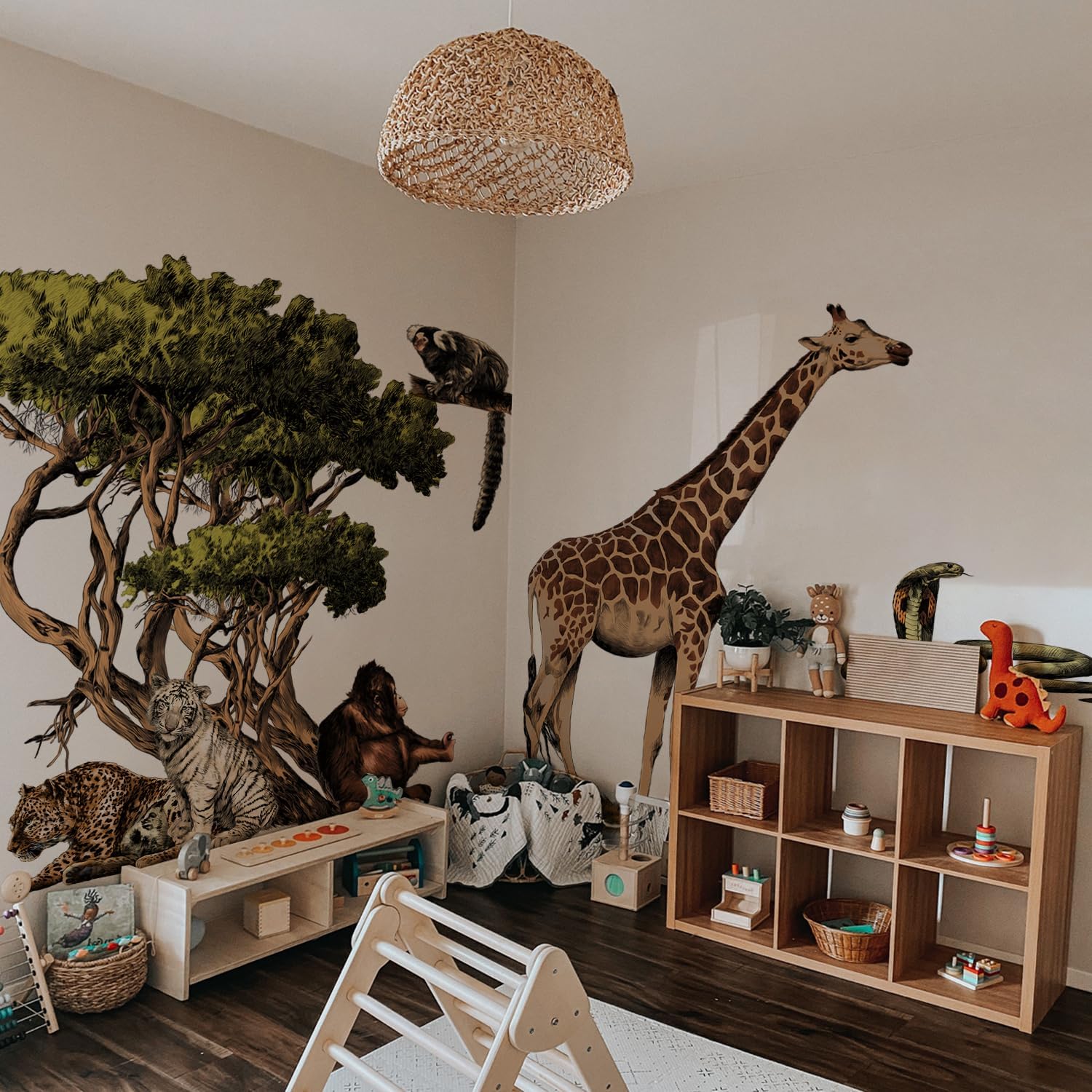 Extra Huge Safari Animals Wall Mural Sticker Peel and Stick, Textured Vinyl Monkey Jungle Wallpaper, Nursery Safari Animals Wall Art Decor for Boys Bedroom Playroom Kids Room
