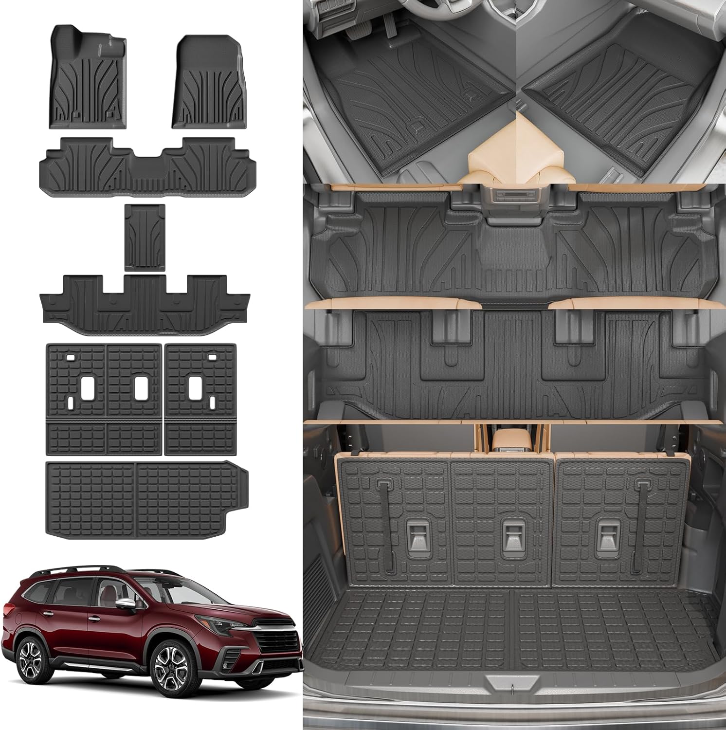 Floor Mats Compatible with 2019-2024 2025 Subaru Ascent Cargo Mat Liner TPE Back Seat Cover Protector 2023 Ascent Accessories (Fit 7&8 Seats, Trunk Mat 3rd Row Backrest Mats Floor Mats)