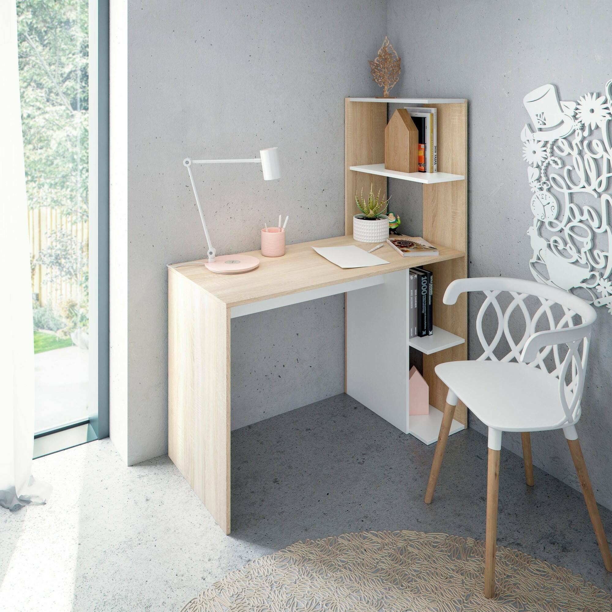 Bureau Dmora Pittston avec Bibliothèque Intégrée - Design Moderne Blanc et Chêne