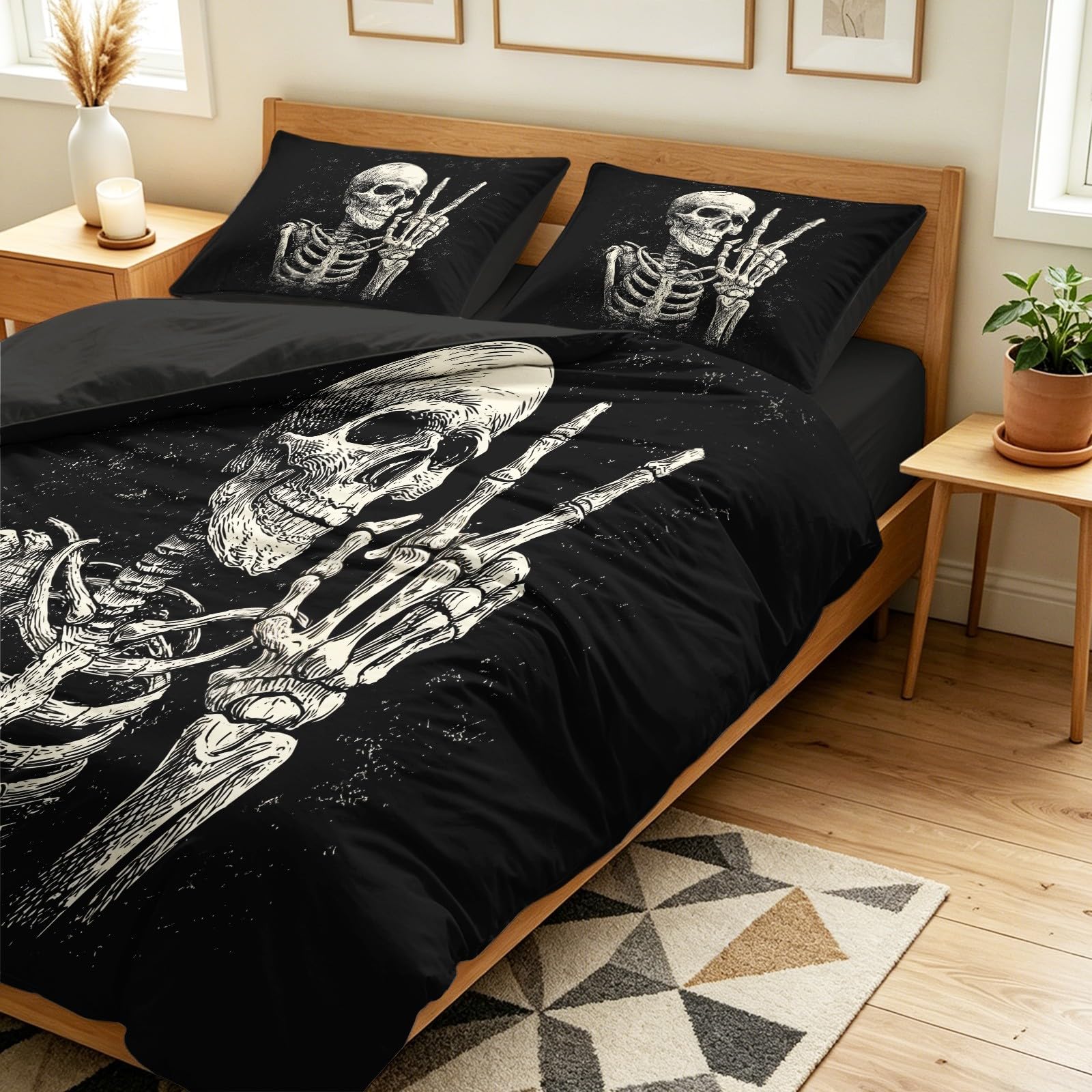 Generisch Gothic Lustig 3-częściowy komplet pościeli 135 x 200 cm, czarny – odwracalny komplet pościeli z mikrofibry, prześcieradło z gumką i poszewki na poduszki, miękka poszwa na kołdrę