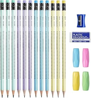OFFCUP HB Pencils, 12pcs Pencils with Rubbers, Presharpened Pencil Writing Pencils with Rubbers on The End with 4 Pen holders, Pencil Sharpener and Rubbers for School Children Handwriting and Drawing