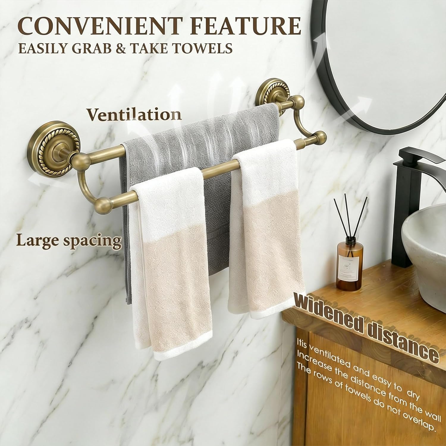 Adjustable Double Towel Bar, Antique Brass Wall Mounted Bathroom Towel Rack, 14-25 Inch Heavy Duty Rustproof Brass Towel Rod Holder for Bathroom Kitchen