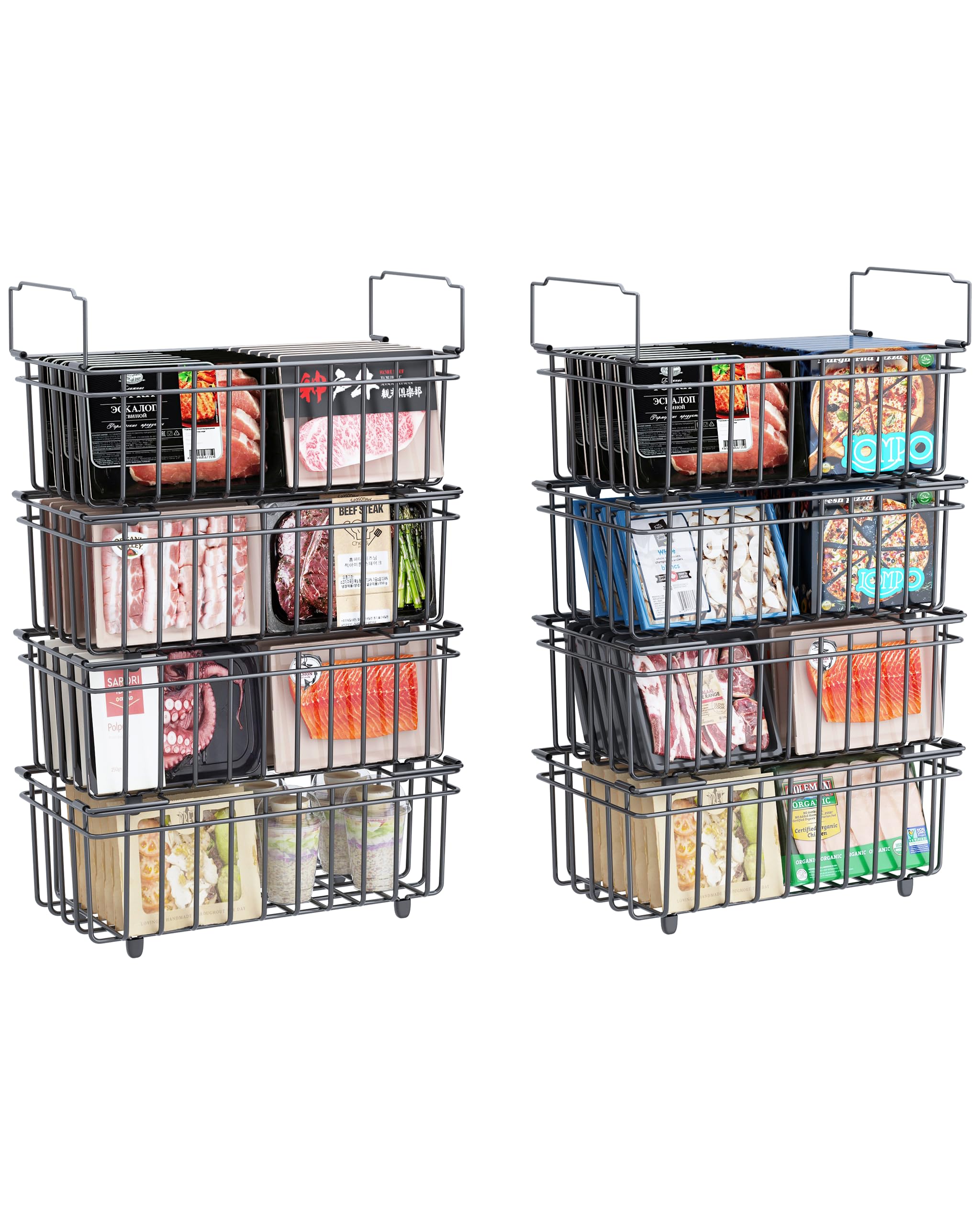 UMDONX 8 pezzi cestini congelatore petto Nero - Maniglia impilabile cestini congelatore, facile accesso, organizzare gli ingredienti congelati (37x18x15cm)