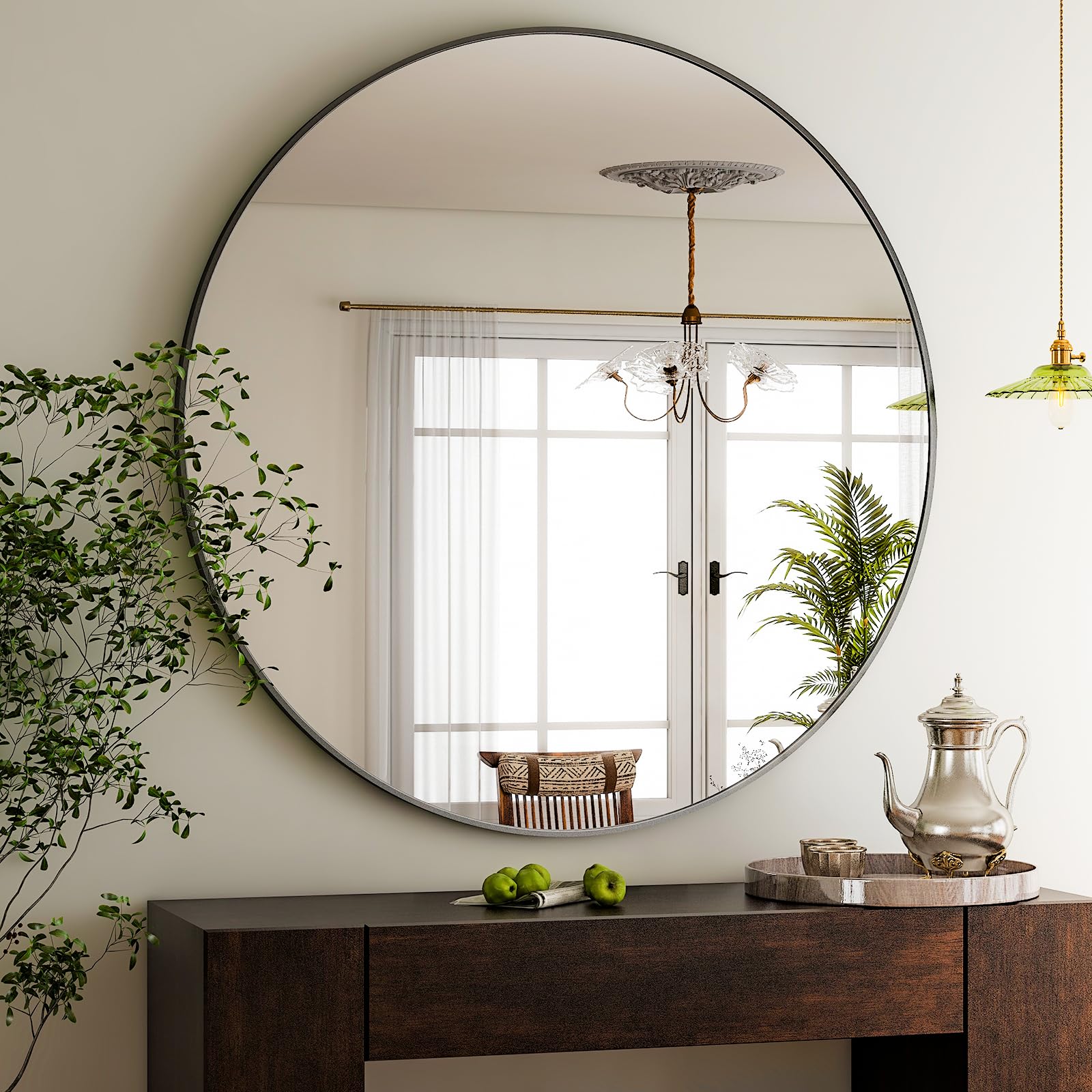 48 Inch Round Mirror, Black Circle Bathroom Mirror, Modern Aluminum Alloy Frame Large Vanity Wall Mirror for Living Room, Bedroom, Entryway