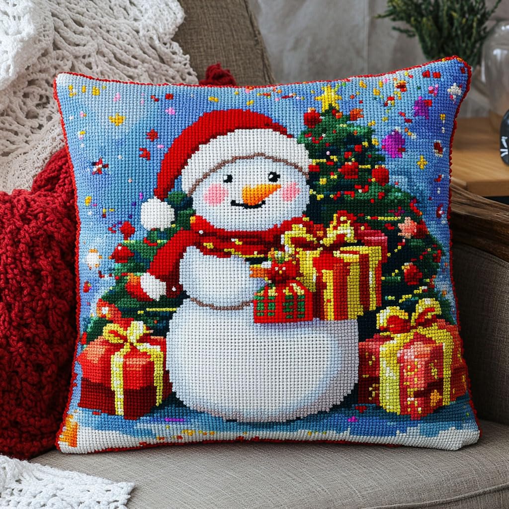 AMBATTERY Cross Stitch Pillow Kits, Cartoon Snowman and Christmas Tree Cross Stitch Cushion Cover 45X45cm Needlepoint Craft Set Cushion Kit pre Printed Handmade Cushion Cover Kit Stitched Cushion Kit