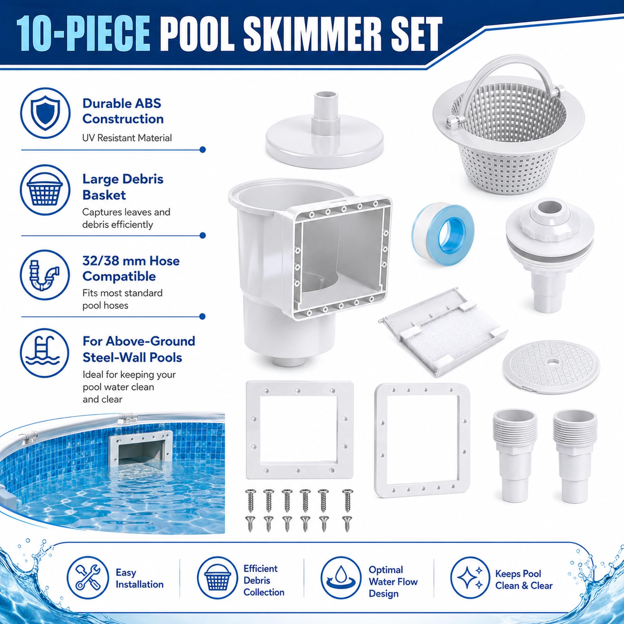 Skimmer - Juego de skimmer para piscina (10 piezas, boquilla de entrada, cesta grande, conexión de manguera de 32/38 mm, para piscinas de pared de acero, piscina de superficie, limpieza de