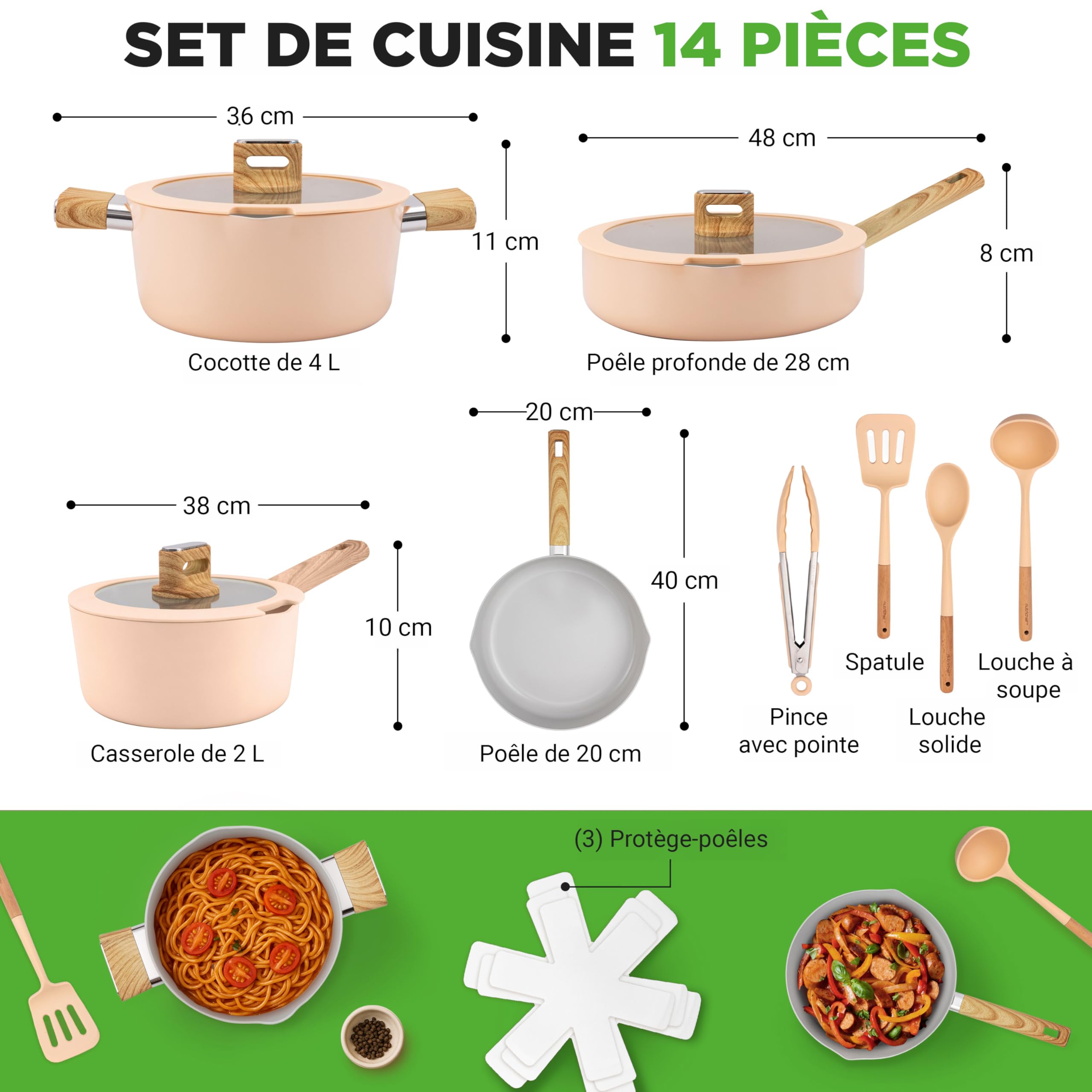 NutriChef Ensemble de Cuisine Céramique 14 Pièces Induction – Batterie de Cuisine Antiadhésive Aluminium Bec Verseur Couvercles en Verre Drainage Poignées Effet Bois Rose