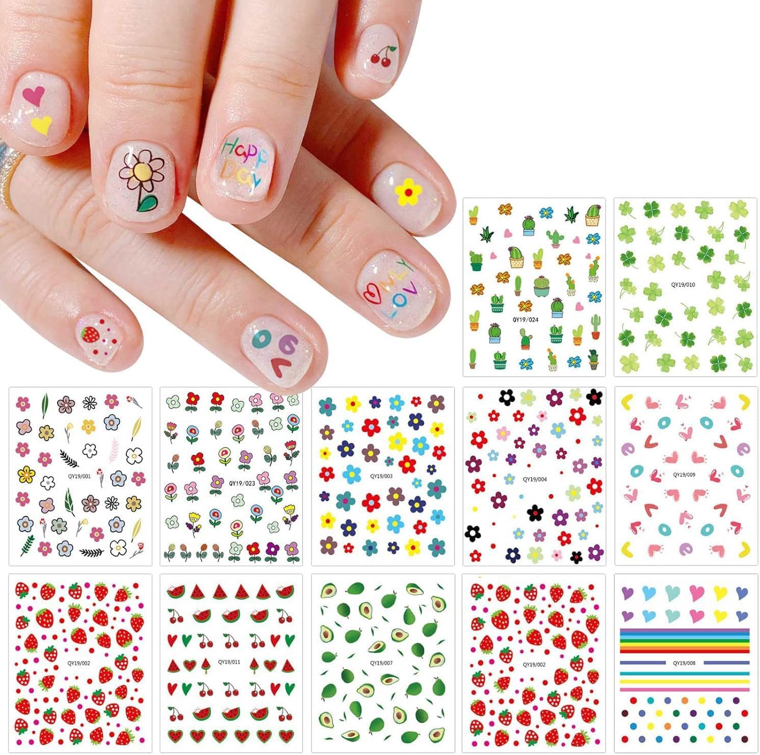 JMEOWIO 14 Sheets Cute Nail Stickers for Kids Nail Art Stickers Decals Self-Adhesive Pegatinas Uñas Rainbow Flower Fruit Nail Supplies Nail Art Design Decoration Accessories
