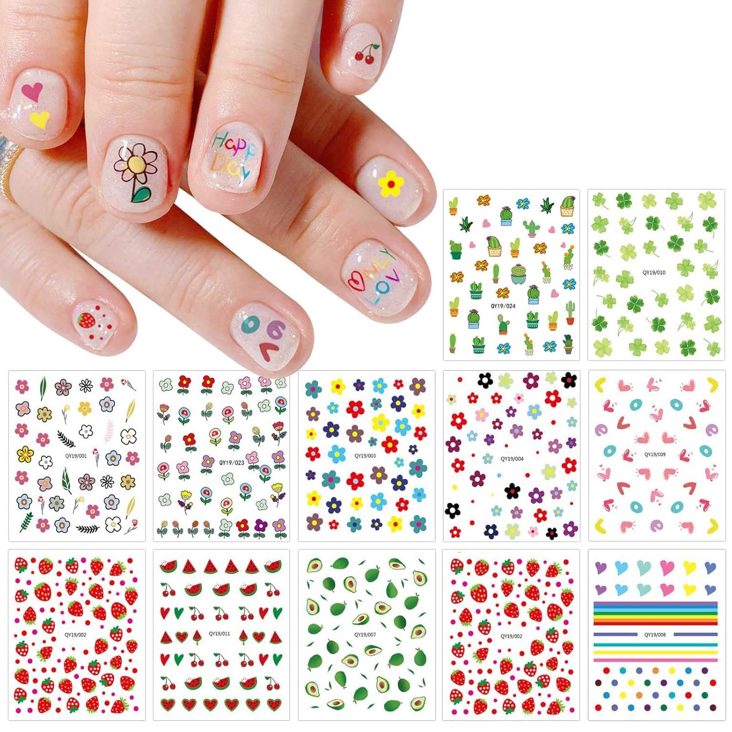 JMEOWIO 14 Sheets Cute Nail Stickers for Kids Nail Art Stickers Decals Self-Adhesive Pegatinas Uñas Rainbow Flower Fruit Nail Supplies Nail Art Design Decoration Accessories