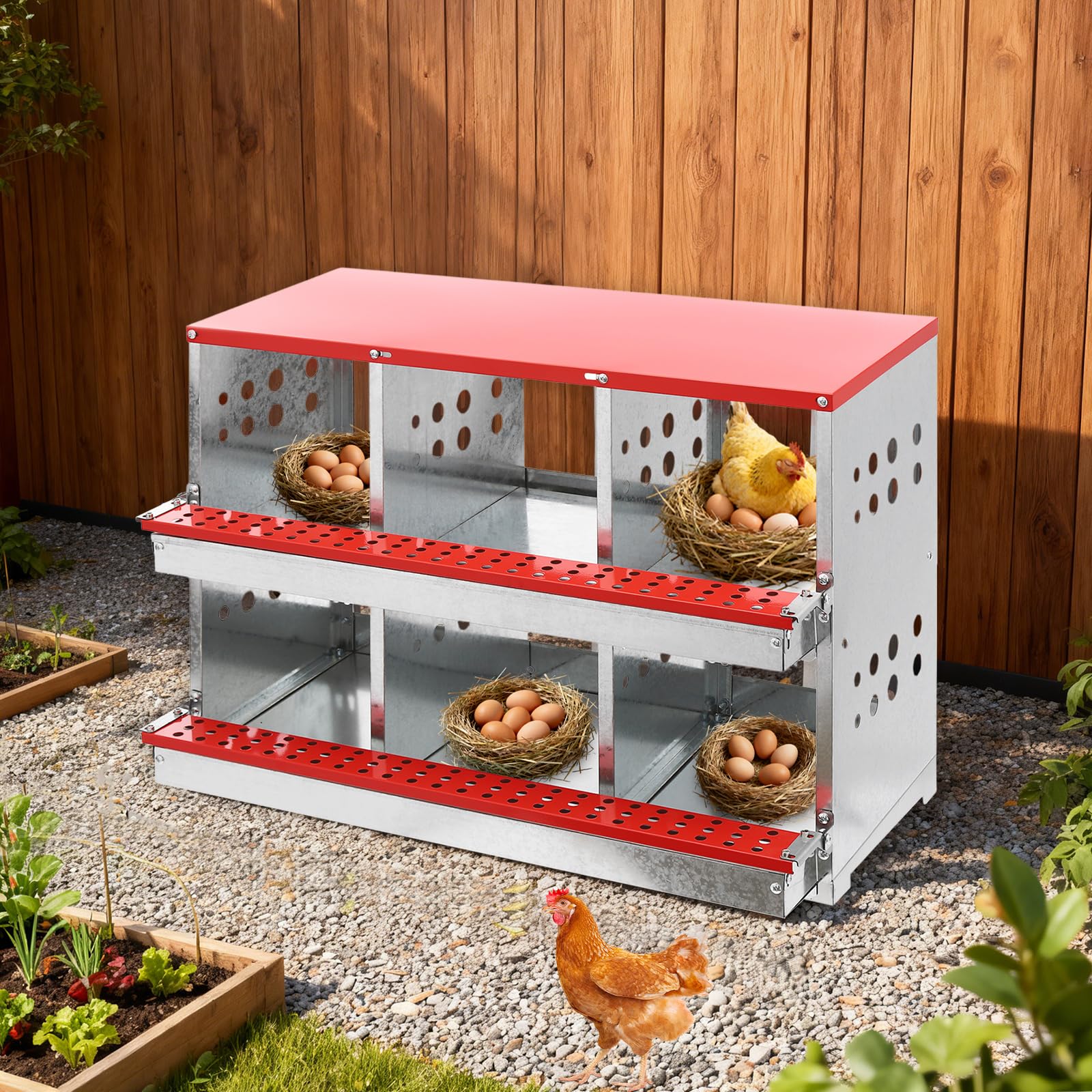 Nido para pollos, 6 compartimentos, nido galvanizado con nido de huevo y bandeja automática de huevos, aireado e inoxidable, nido de 2 niveles para gallinero, accesorios para gallinas ponedoras