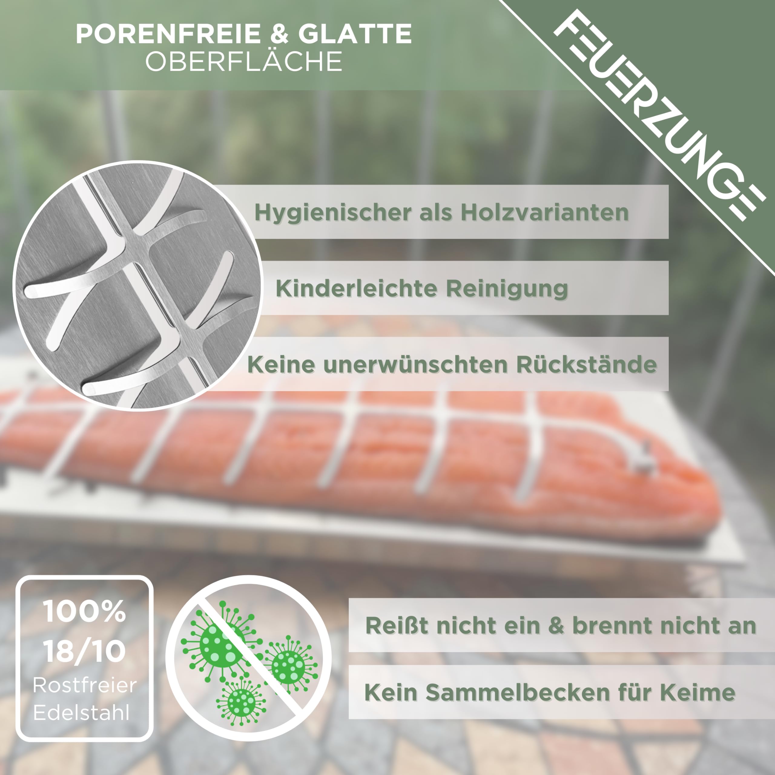 Flammlachsbrett aus Edelstahl - Extra Groß - Lachsfilets bis 60cm - 180° Wendbar & mit 5 stufiger Halterung - Feuerschalen Zubehör