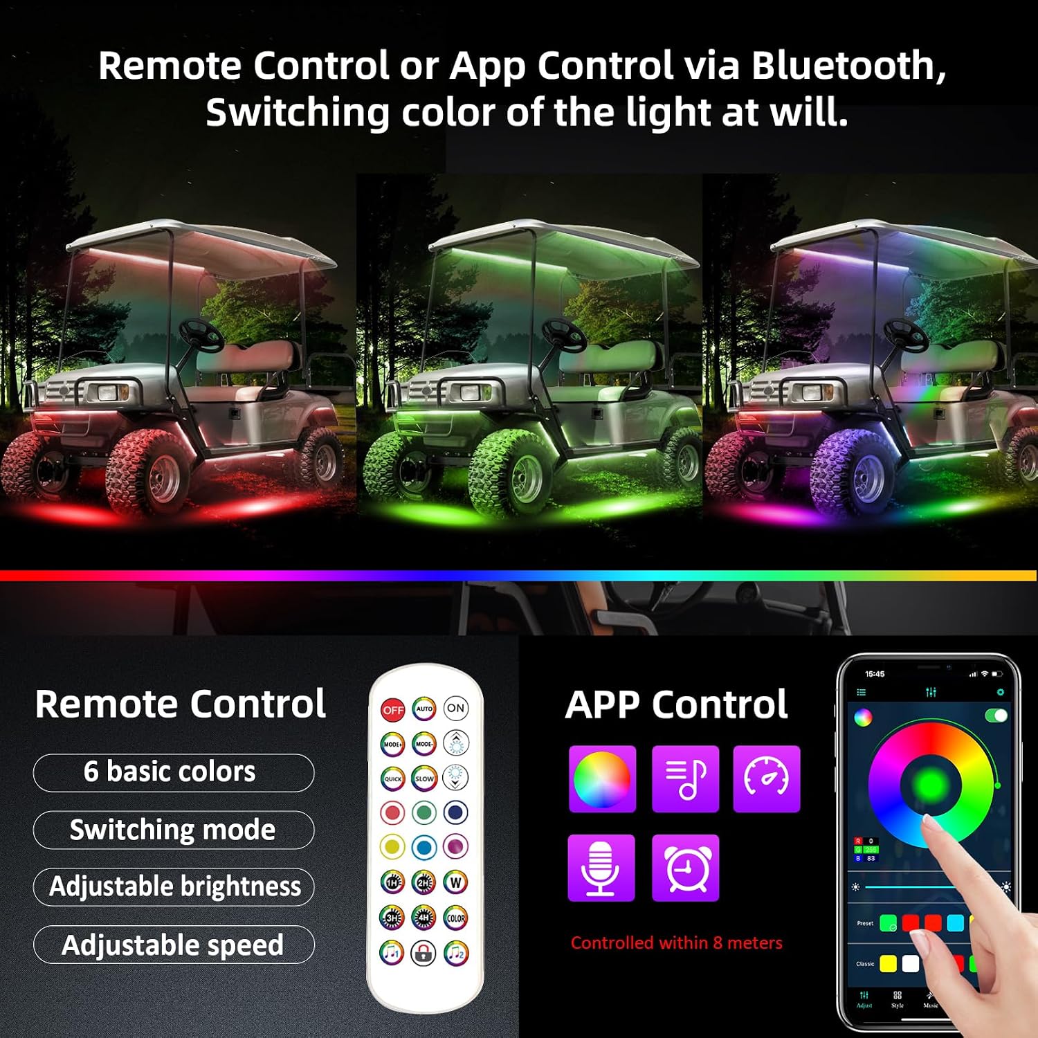 Roykaw Golf Cart LED Strip Lights, Underglow Neon Light Kit Compatible with EZGO/Club Car/Yamaha and Most Brands Golf Carts, Waterproof/LED Decorative Lights/Multi-Dynamic Modes, 14PCS
