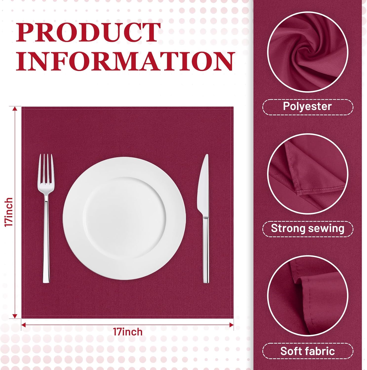 SuperO Set of 80 Cloth Napkins 17 x 17 Inch, Polyester Solid Washable Dinner Napkins with Hemmed Edges,Great for Restaurant, Wedding and Party(Burgundy)