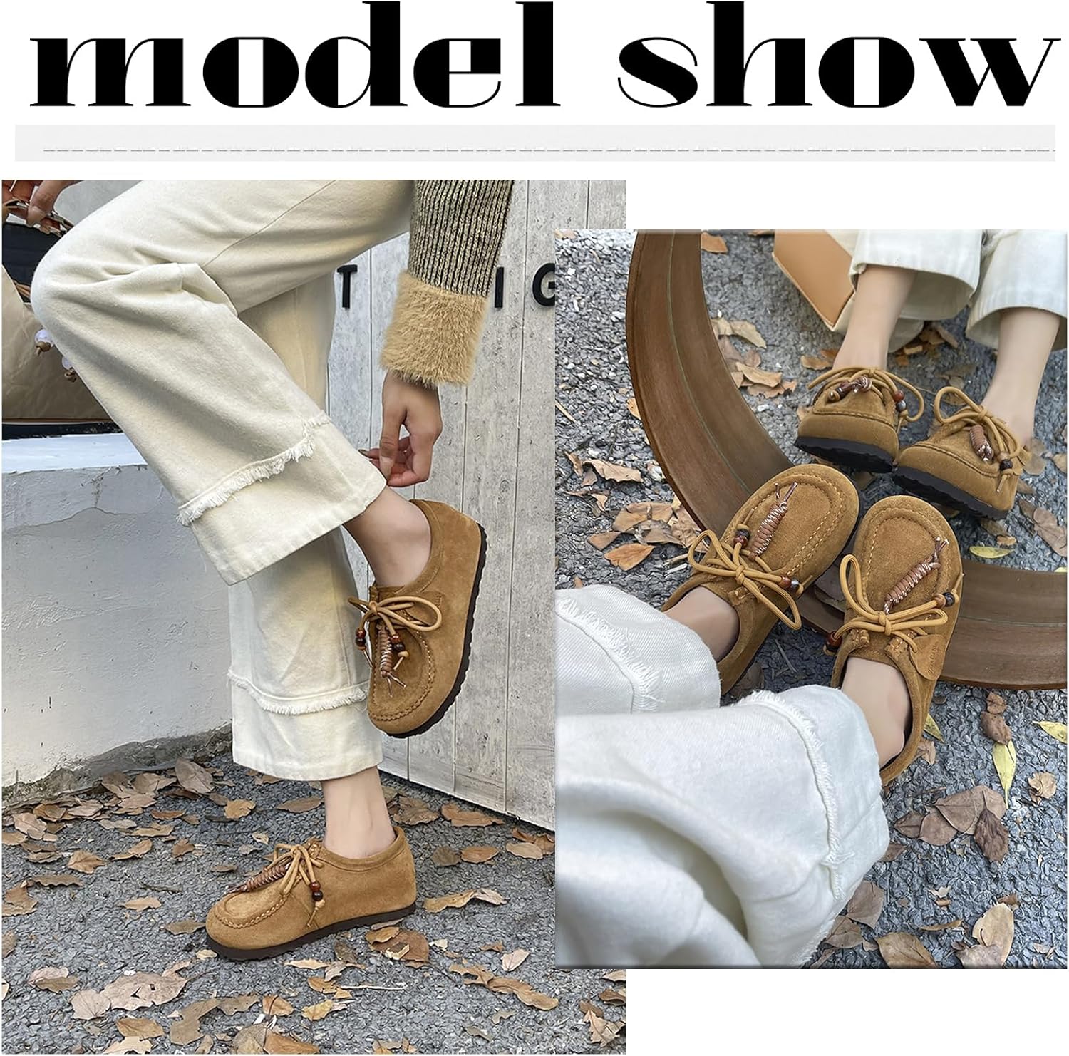 Women's Suede Beaded Moccasins Loafers Fashion Comfortable Round Toe Lace Up Soft Sole Slip On Flats for Casual Daily Work Walking Shoes - Image 2