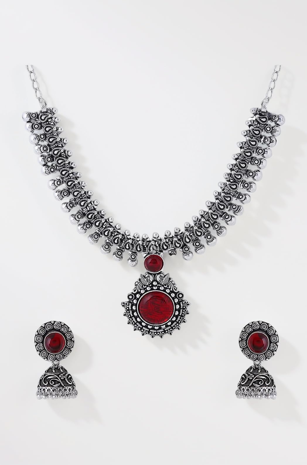 Yellow Chimes Exclusive Antique Design Vintage Oxidised Silver Kolhapuri Stone Choker Necklace Set with Jhumka Earrings for Women and Girls