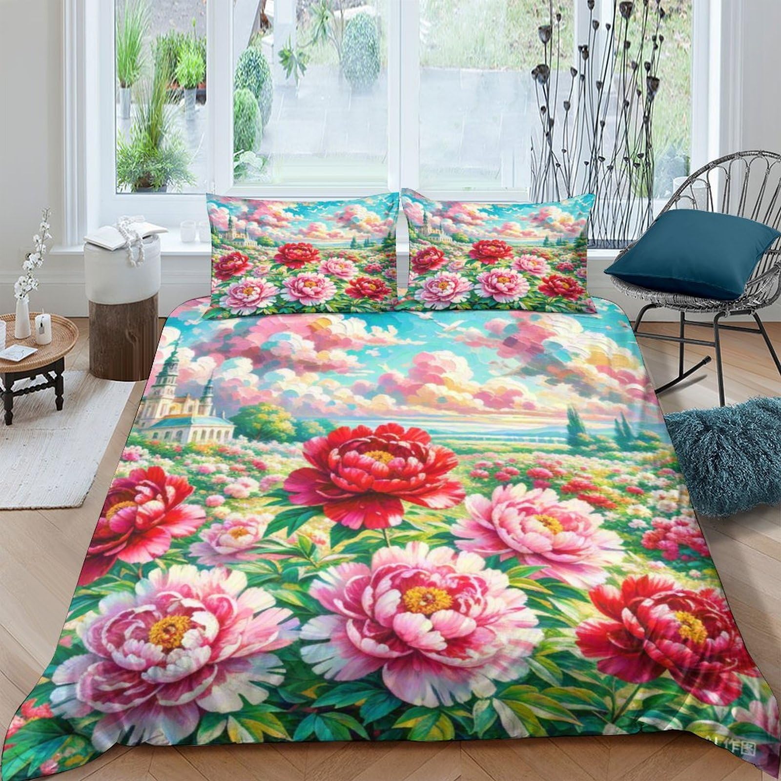 Parure de lit microfibre douce pivoine 3D king 220x240cm hypoallergénique
