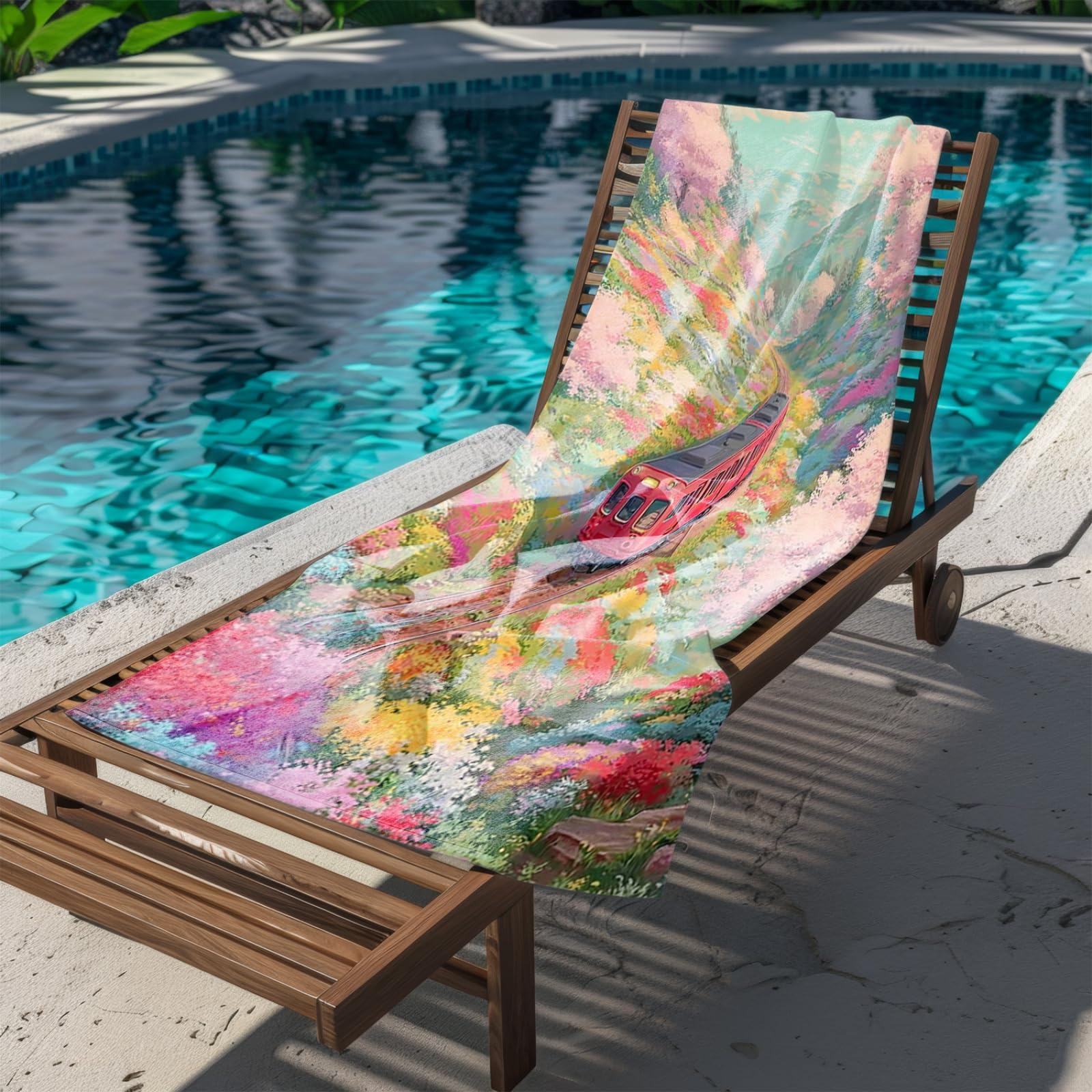 Tapis de Plage XXL Anti Sable Train, Fleurs Roses Serviette Piscine Adulte,Natte De Plage Pliable, Voyage Accessoires De Plage Camping,Serviette de Bain Personnalisée