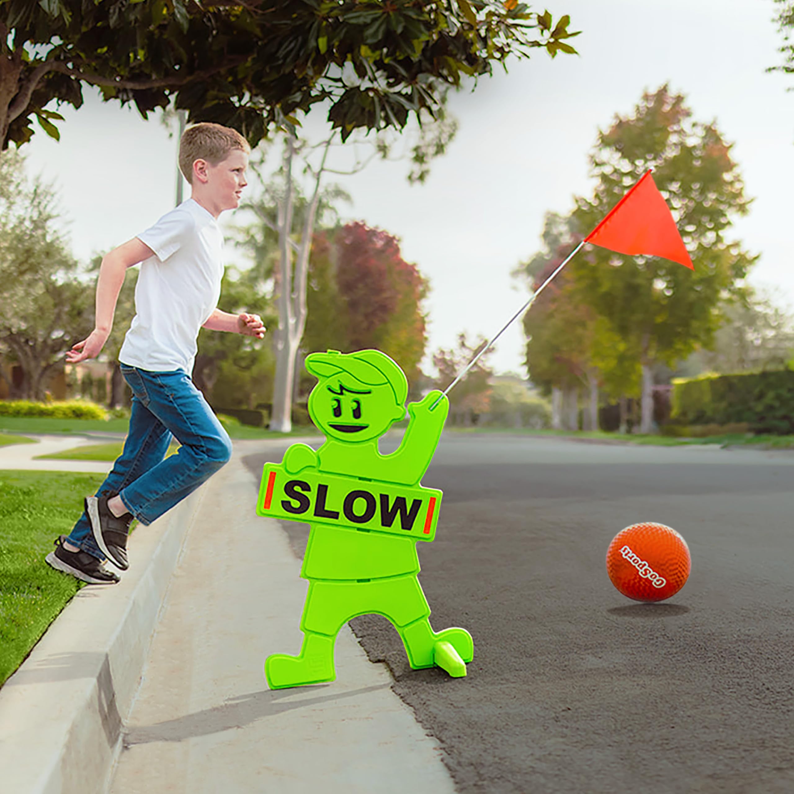 GoSports Señal de seguridad para niños en el juego, señal de alta visibilidad para vecindarios con bandera