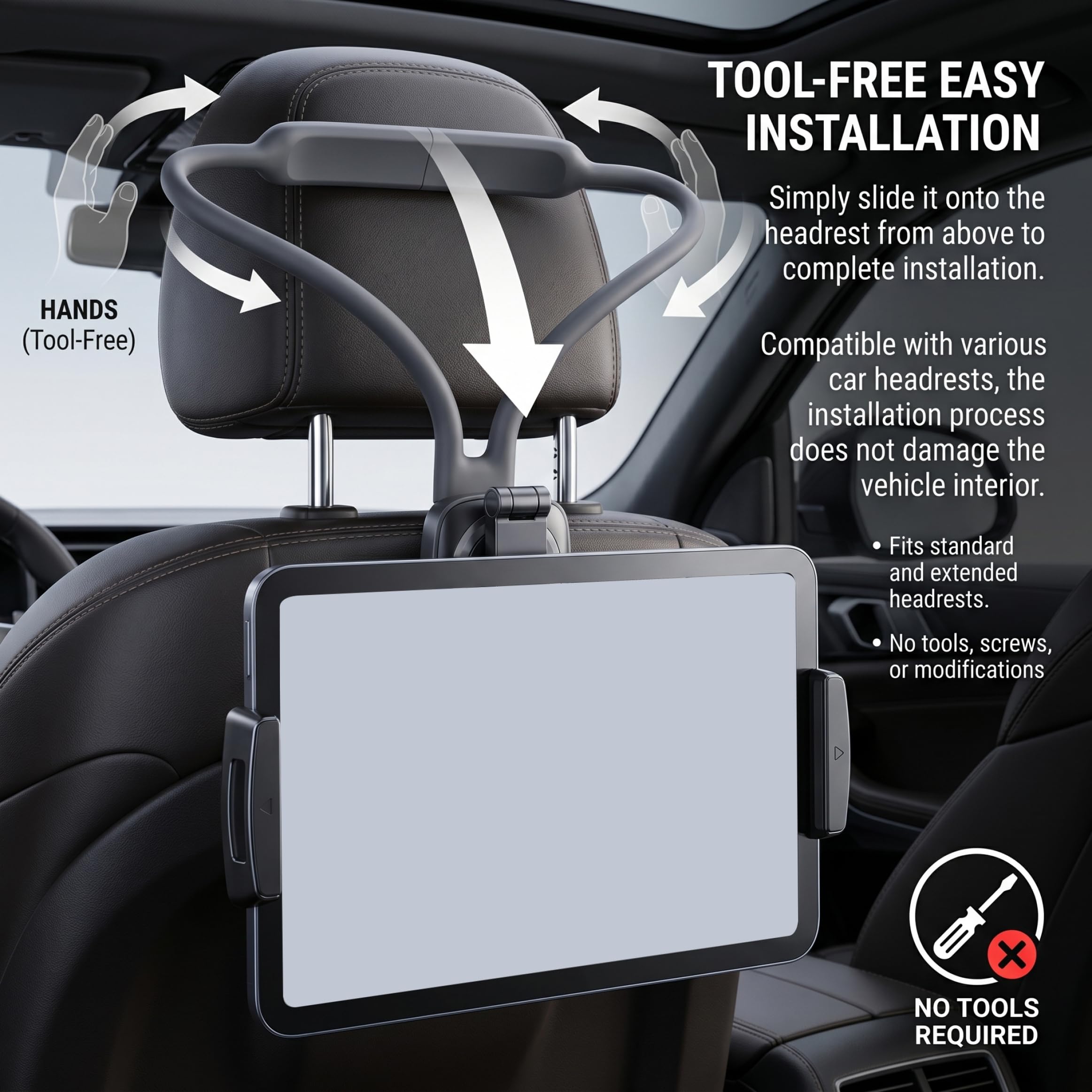 Supporto per tablet per poggiatesta, supporto sicuro per tablet da auto con vista regolabile Installazione senza attrezzi Elementi essenziali per viaggi su strada per bambini in auto