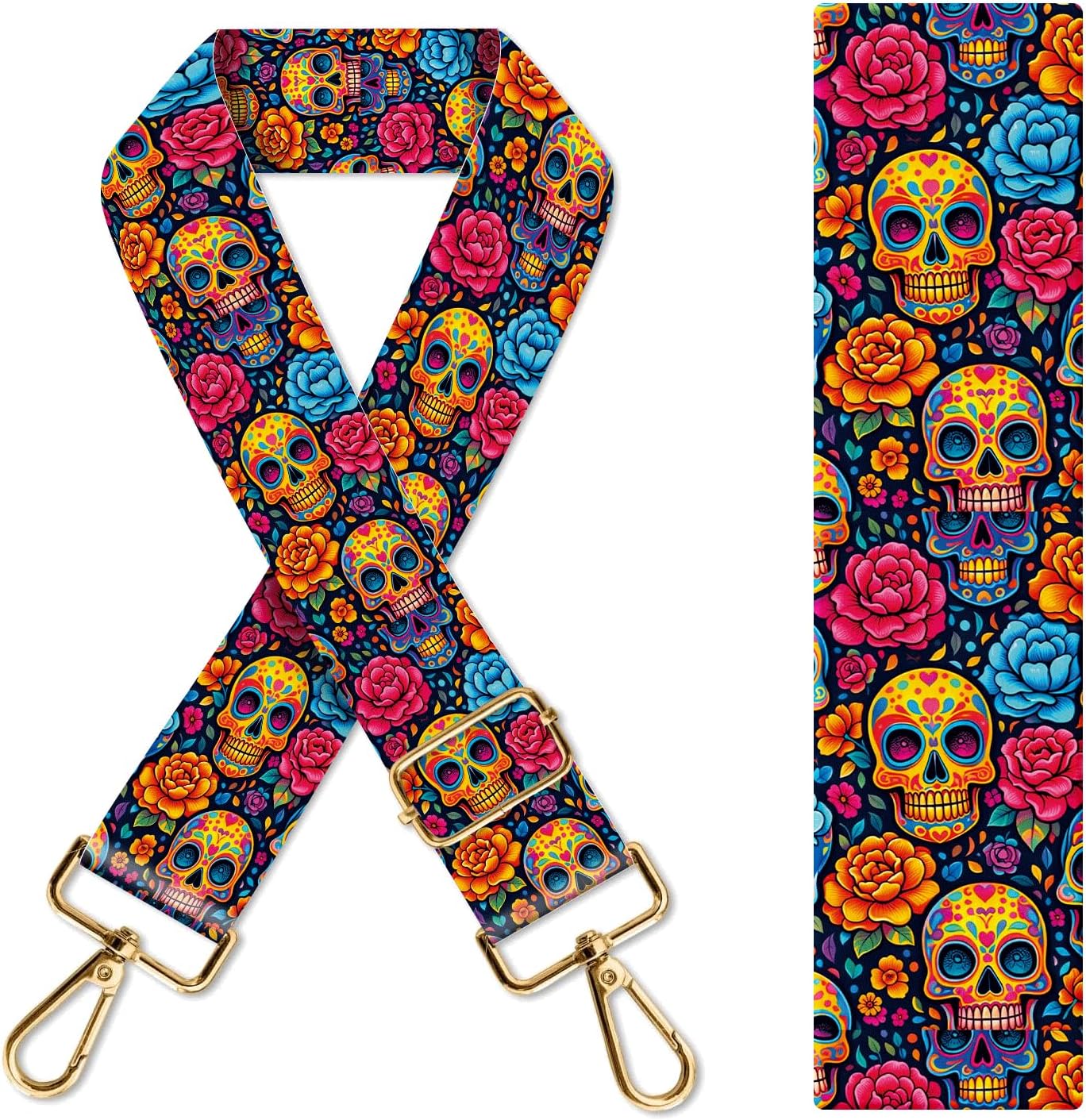 Purse Strap Replacement Crossbody 1.5" Wide Gold Buckle Shoulder Strap, Cute Handbag Strap Bag Strap Replacement Belts Adjustable Colorful Rose Skulls