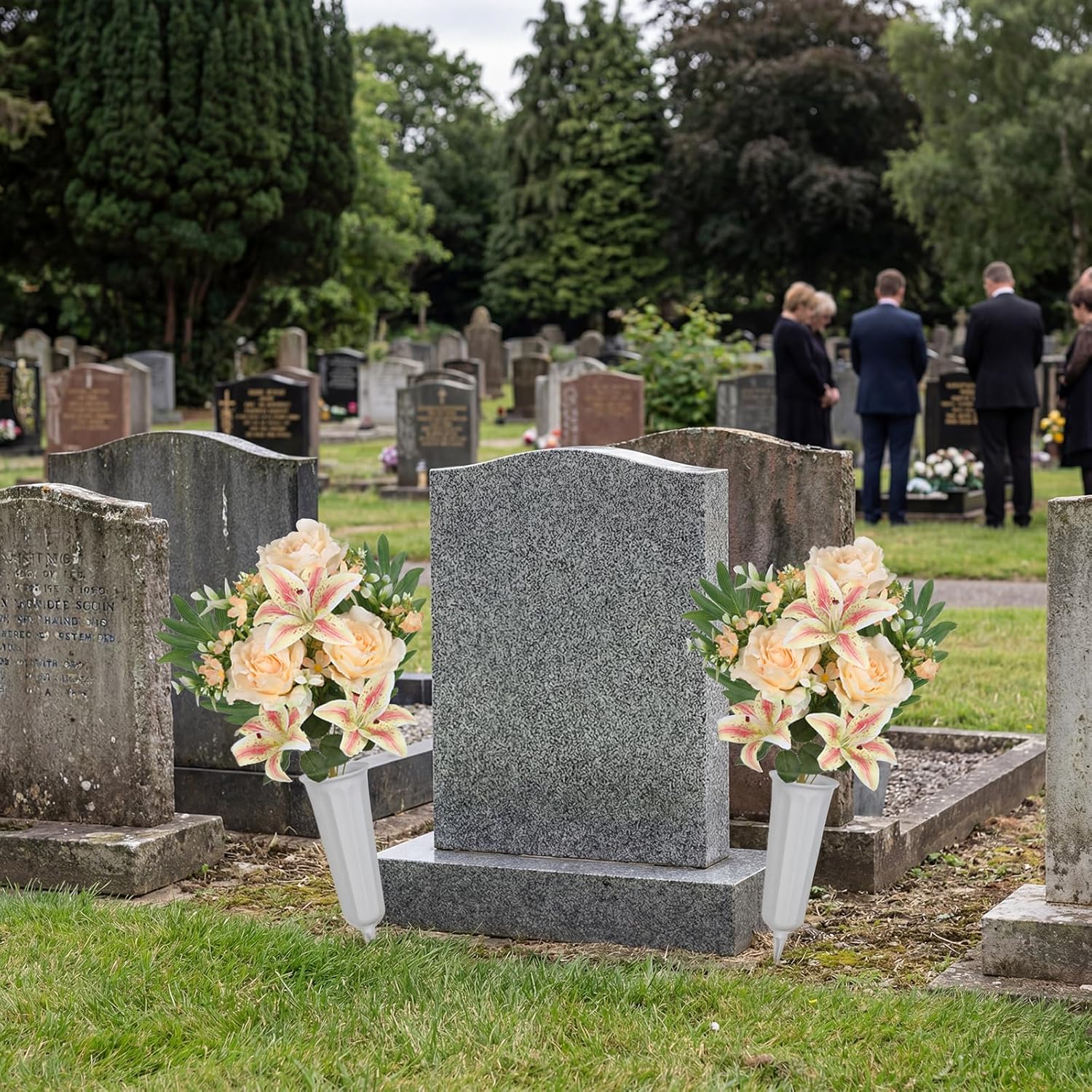 2Sets Artificial Cemetery Flowers with Cemetery Vase Artificial Rose Lily Memorial Graveyard Bouquets for Memorial Day Cemetery Headstones Outdoor Grave Decorations(Champagne)
