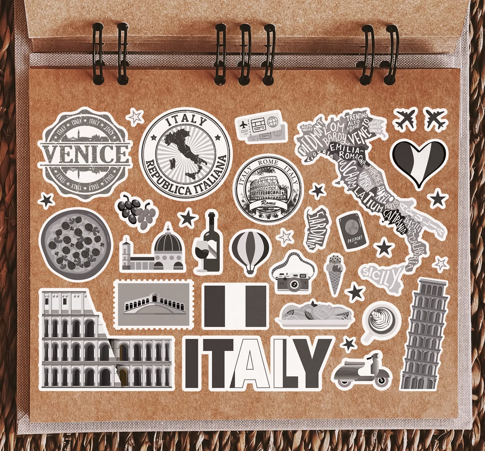 A5 Aufkleberbogen Italien Sehenswürdigkeiten – Vinyl-Aufkleber Mit Rom Karte & Flagge Für Reise-Deko