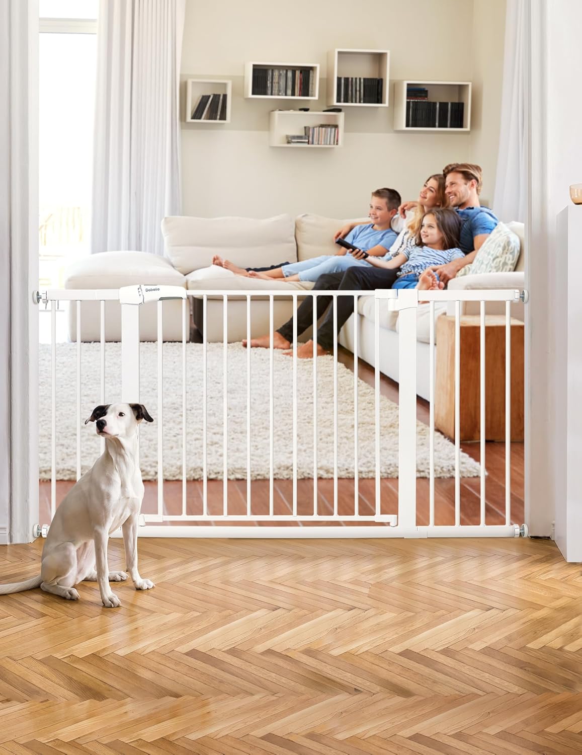 Babelio Metal Baby/Pet Gate, 29-48'' Auto Close Easy Install, Extra Wide Walk Thru for Child Safety, Pressure Mounted Dog Door for Doorways & Stairs, with Y Spindle Rods, Grey
