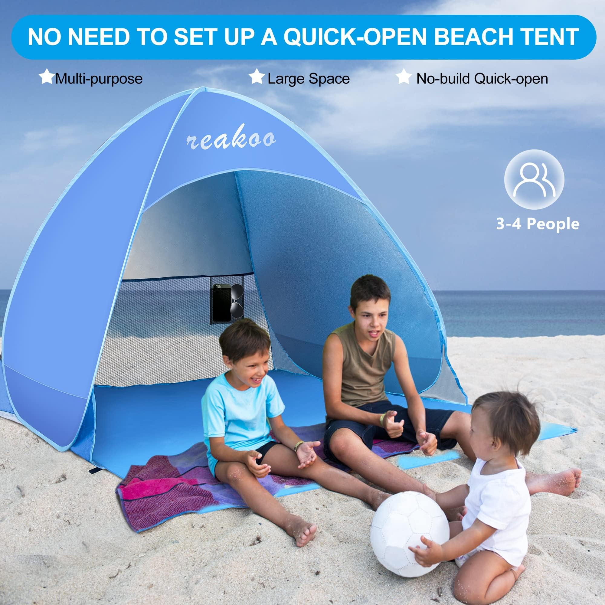 Tente de Plage Automatique, Portable Abri de Plage Pop Up, Tente Anti UV, Protection Solaire UV UPF 50+ pour 3-4 Personnes