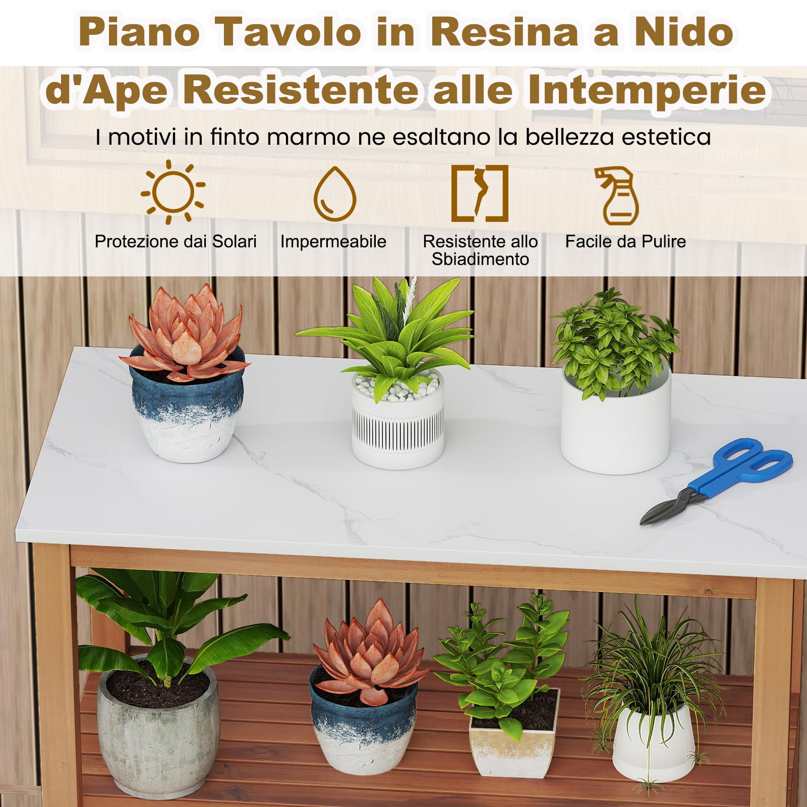 COSTWAY Armadio da Esterno Impermeabile in Legno di Acacia, Mobile Esterno Balcone con Piano di Lavoro in Resina, 2 Ante Persiana e Ripiano Aperto, per Piante e Attrezzi, Naturale, 80 x 40 x 90,5 cm